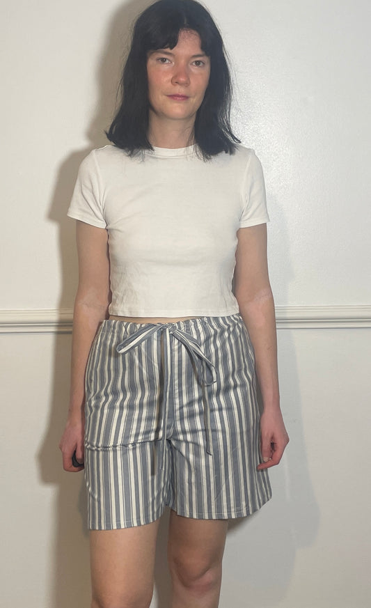 Handmade Long Blue Striped Cotton Drawstring Shorts - Size 10