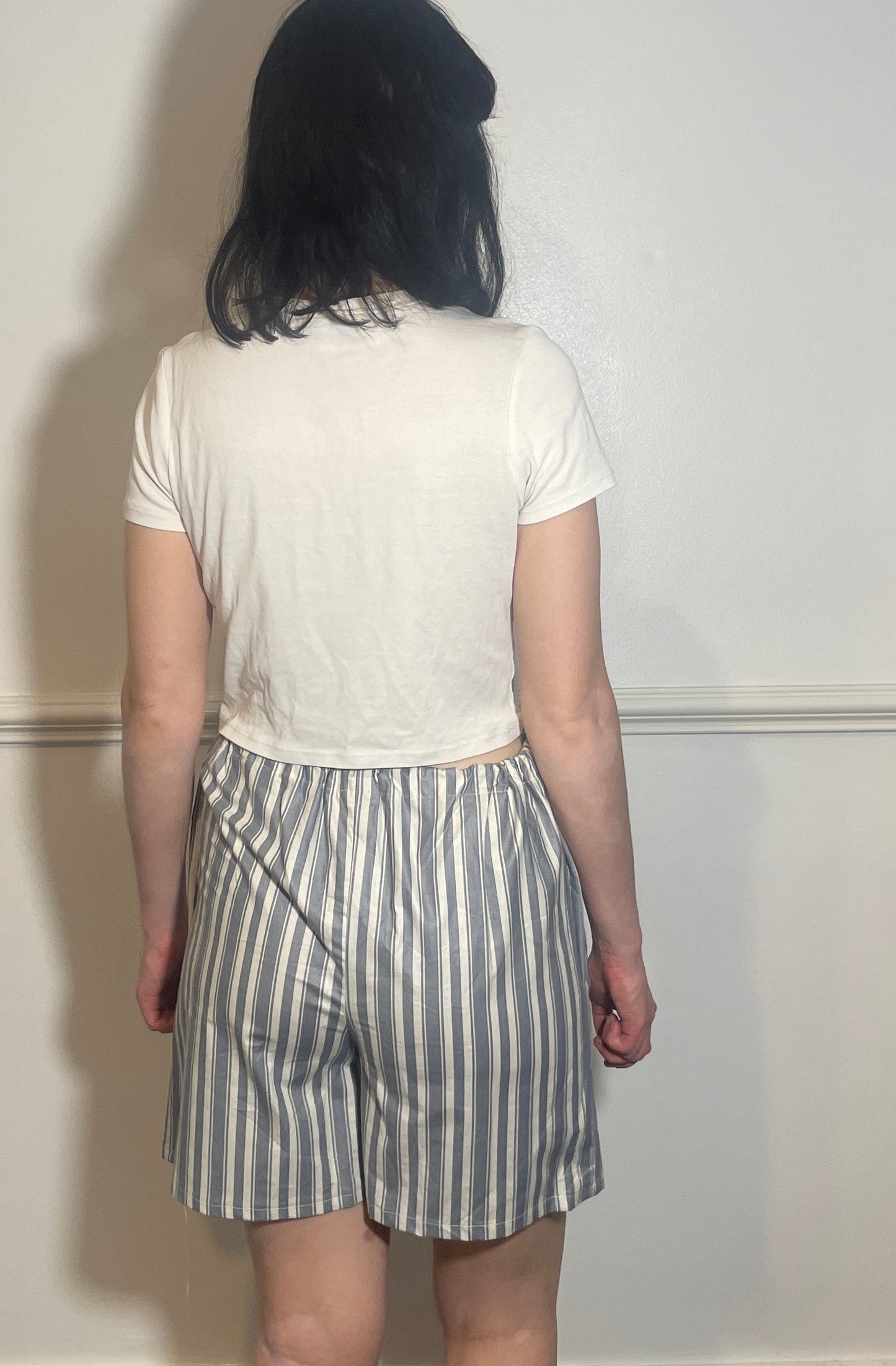 Handmade Long Blue Striped Cotton Drawstring Shorts - Size 10