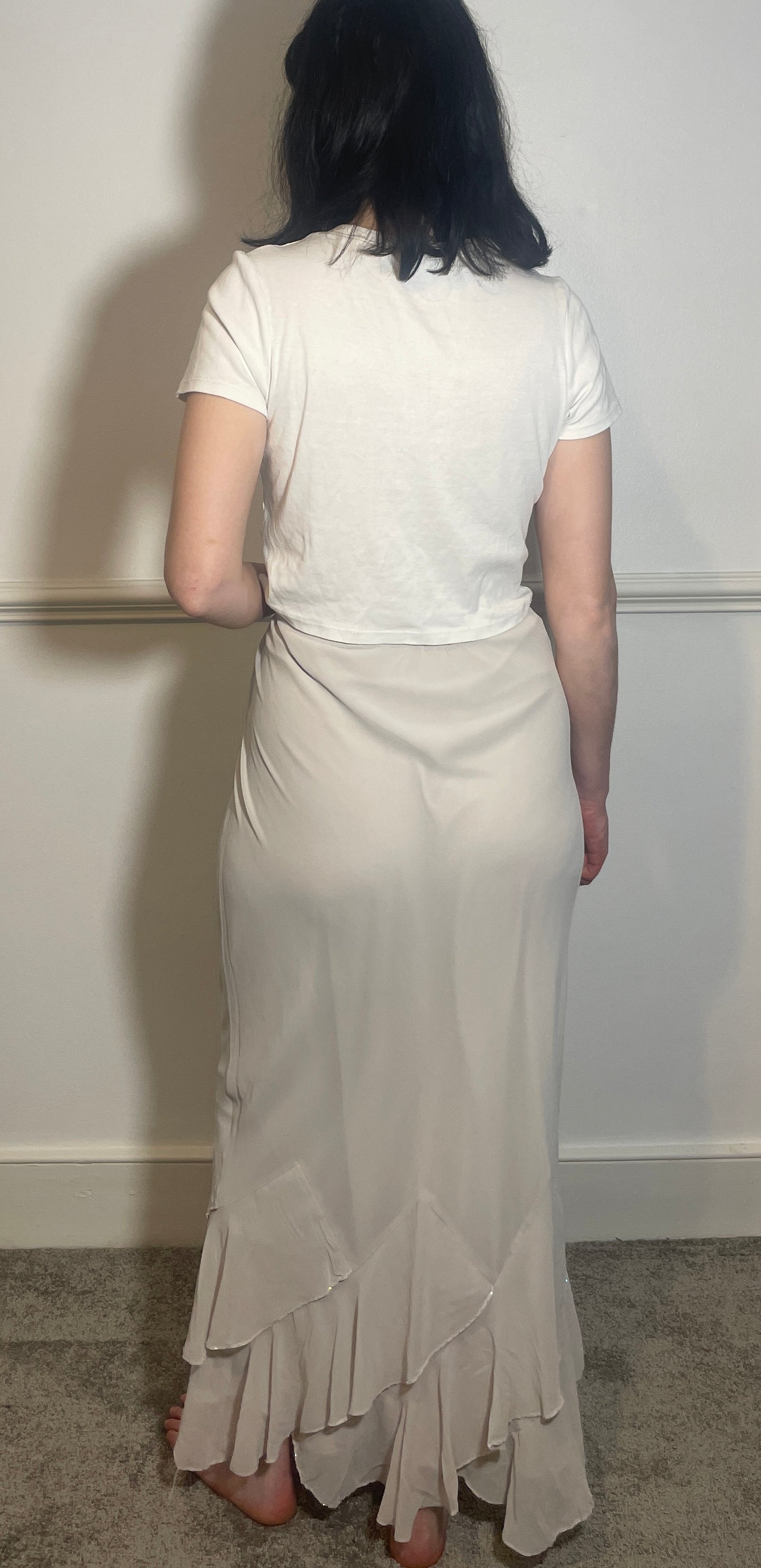 Vintage Y2k White Chiffon Hankerchief Hem Maxi Skirt - Size 12