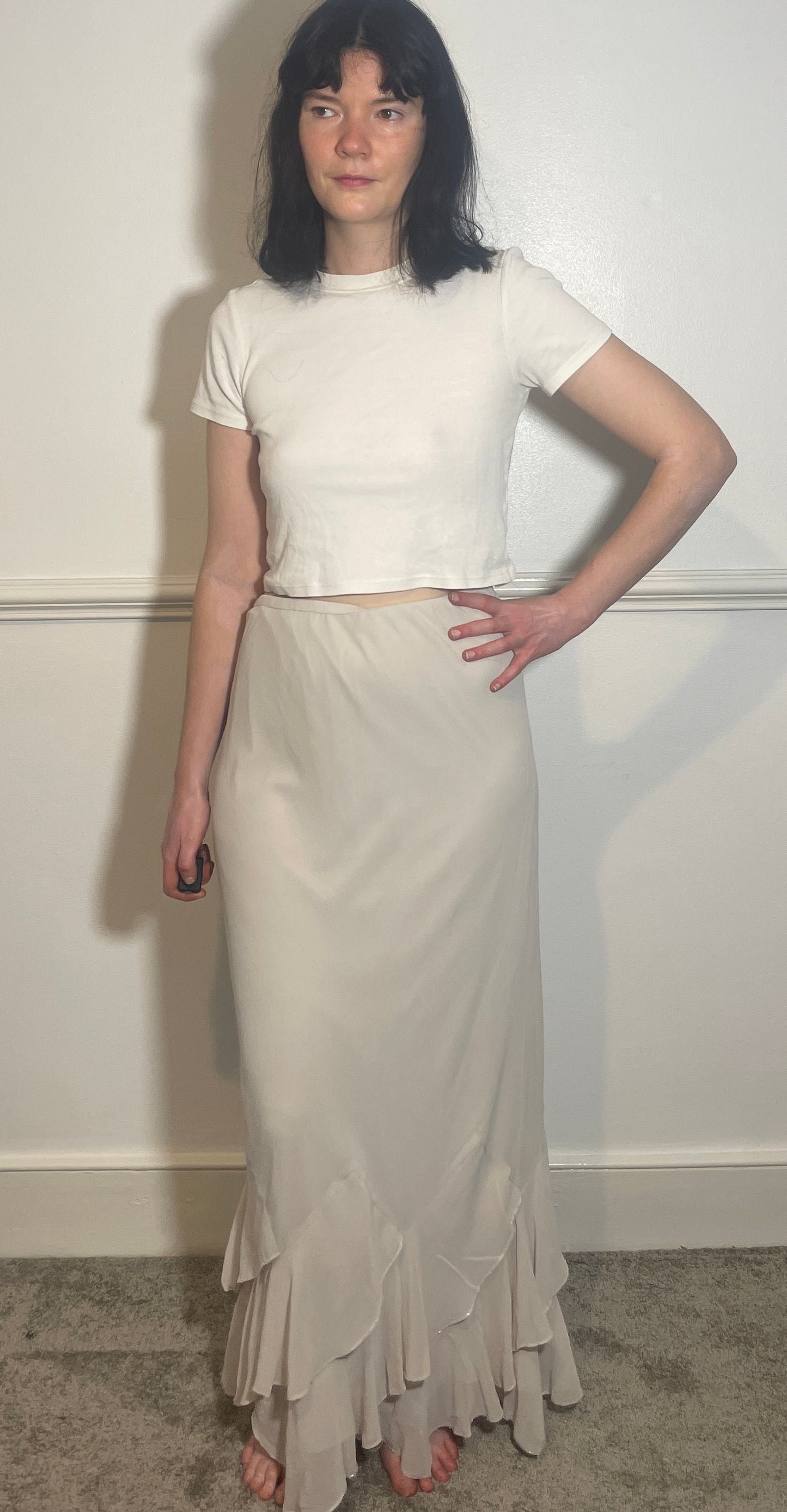 Vintage Y2k White Chiffon Hankerchief Hem Maxi Skirt - Size 12
