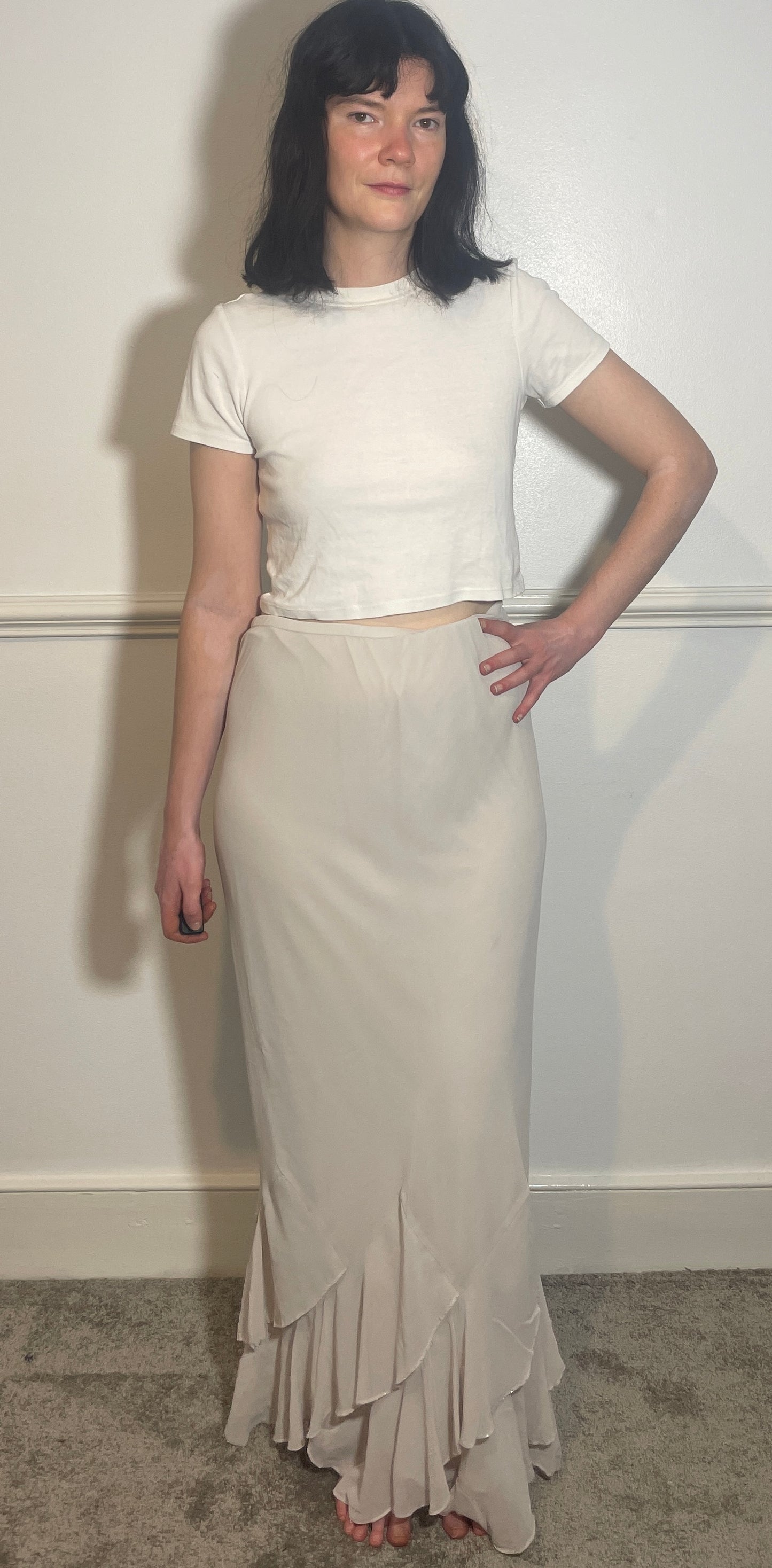 Vintage Y2k White Chiffon Hankerchief Hem Maxi Skirt - Size 12