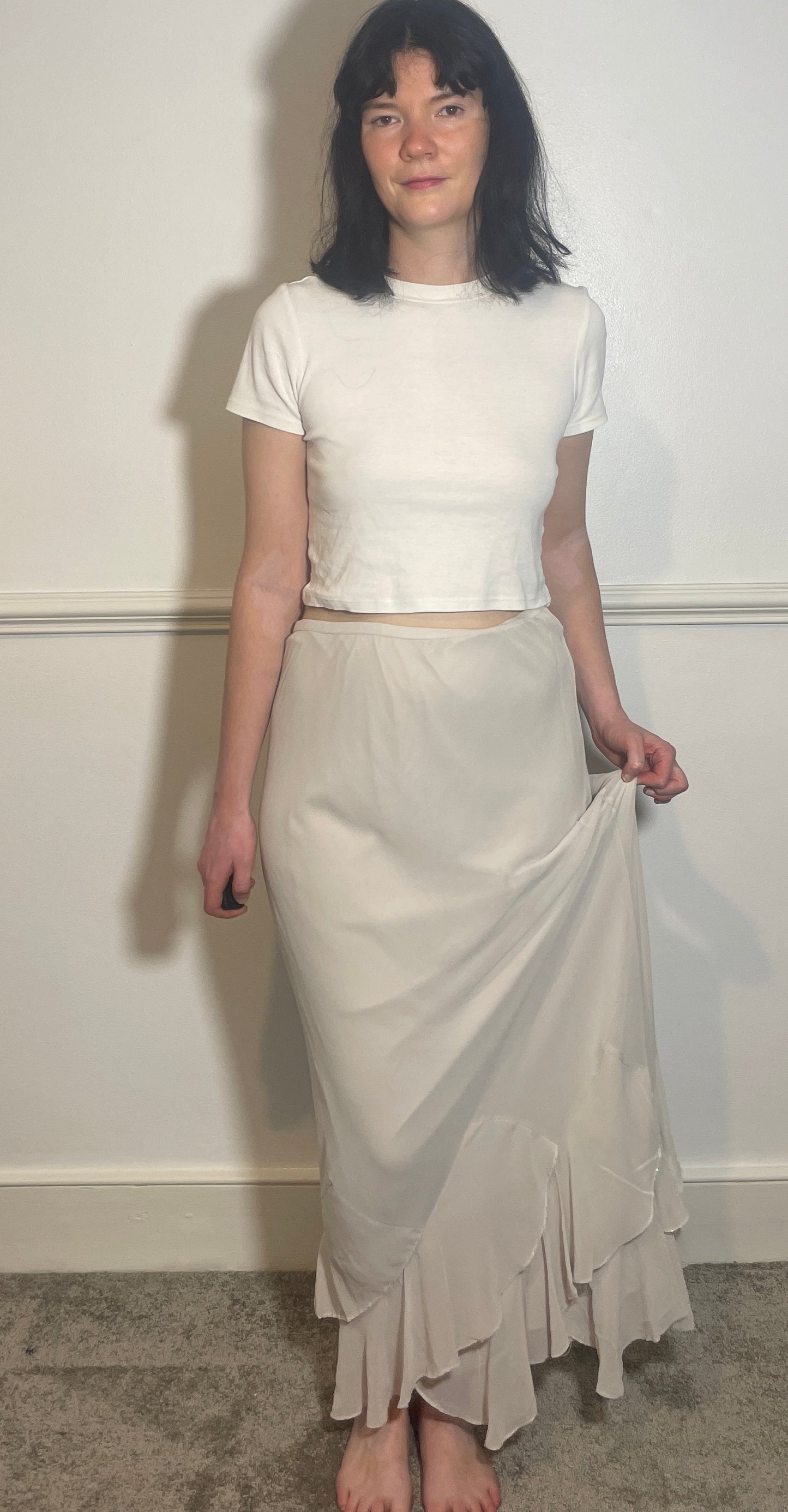 Vintage Y2k White Chiffon Hankerchief Hem Maxi Skirt - Size 12
