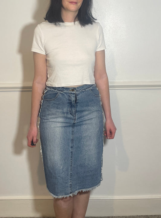 Vintage Y2k Blue Denim Frayed Edge Midi Skirt - Size 10