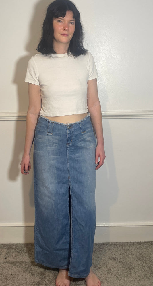 Vintage Y2k Blue Denim Frayed Edge Maxi Skirt - Size 12