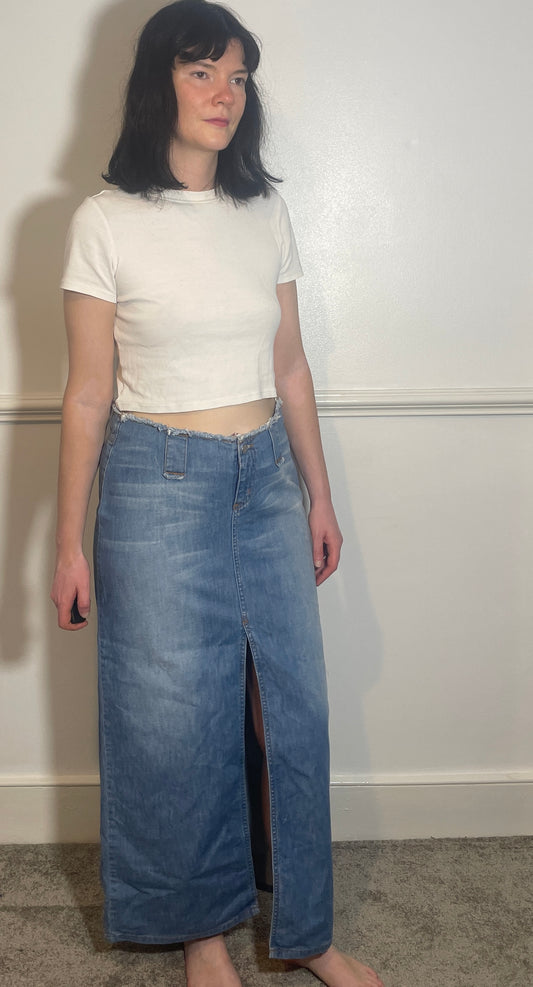 Vintage Y2k Blue Denim Frayed Edge Maxi Skirt - Size 12