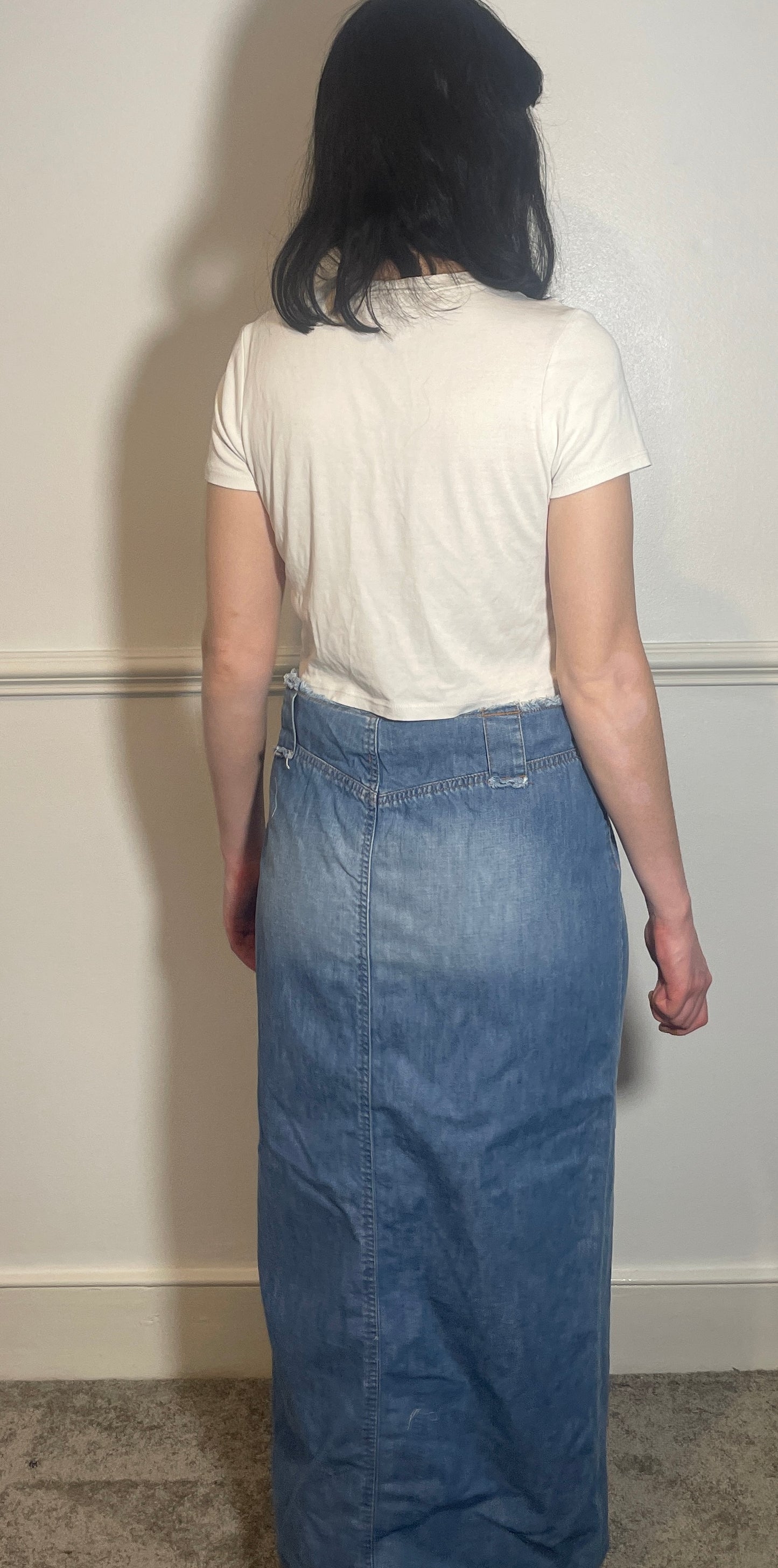 Vintage Y2k Blue Denim Frayed Edge Maxi Skirt - Size 12