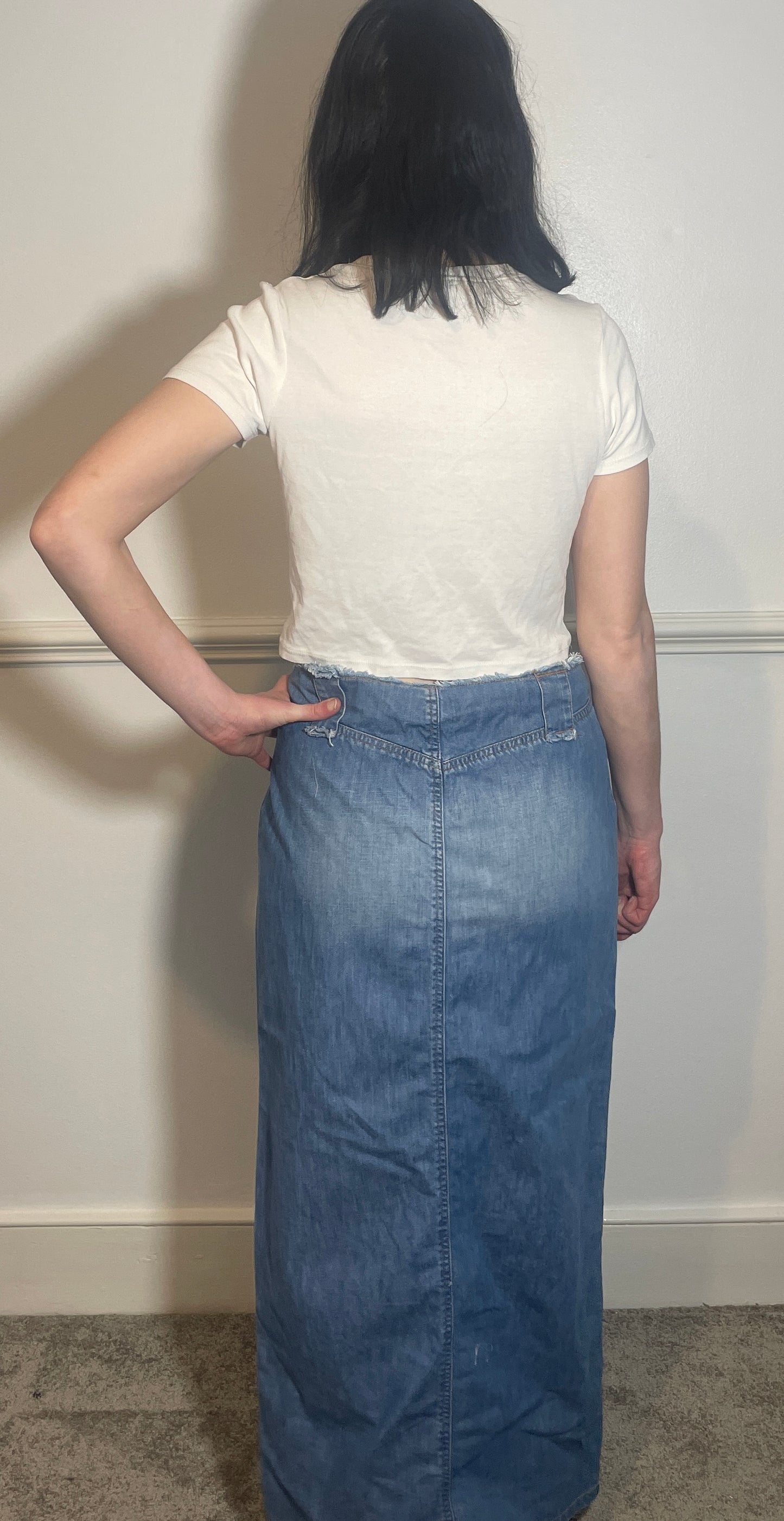 Vintage Y2k Blue Denim Frayed Edge Maxi Skirt - Size 12