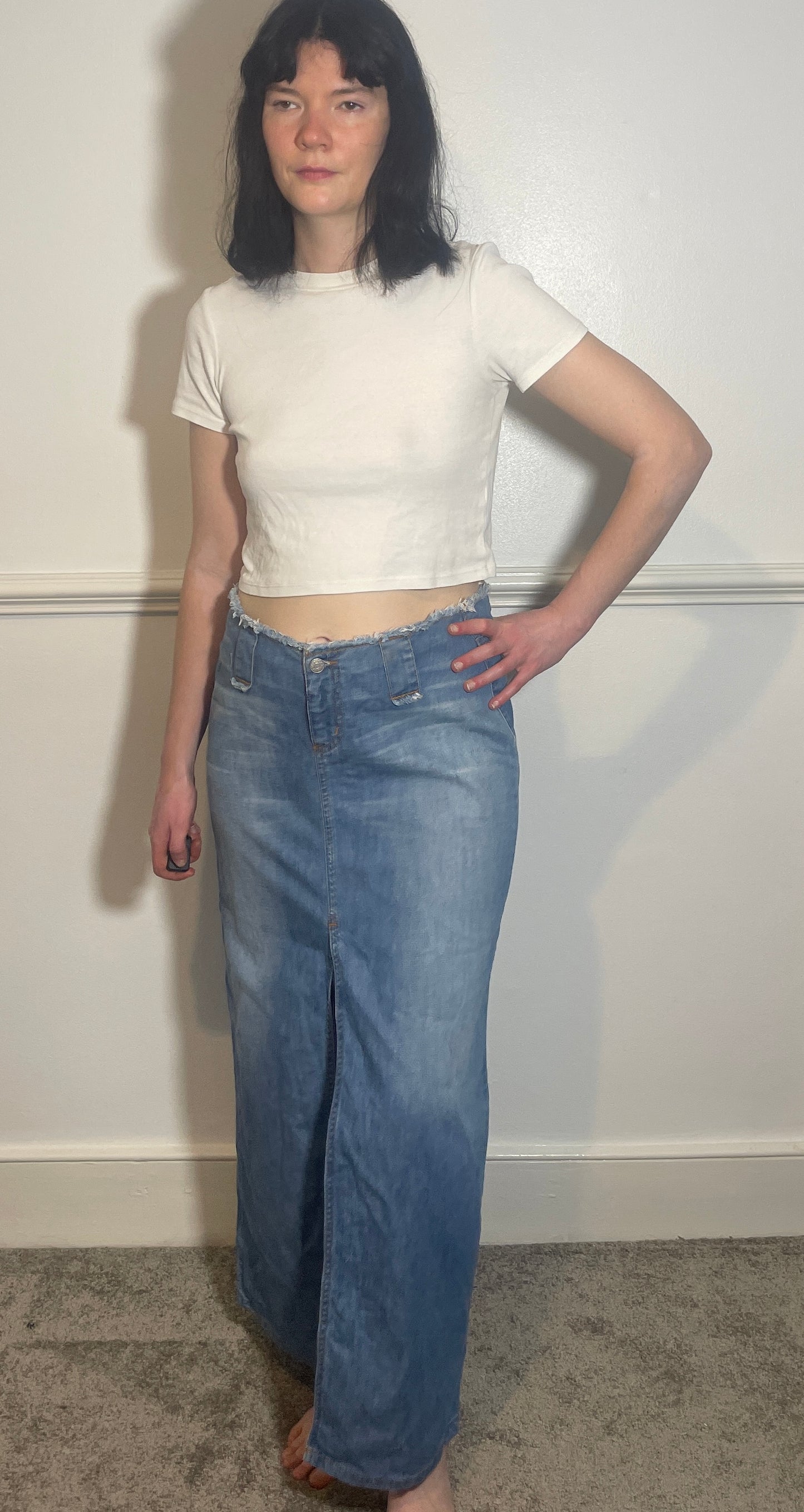 Vintage Y2k Blue Denim Frayed Edge Maxi Skirt - Size 12