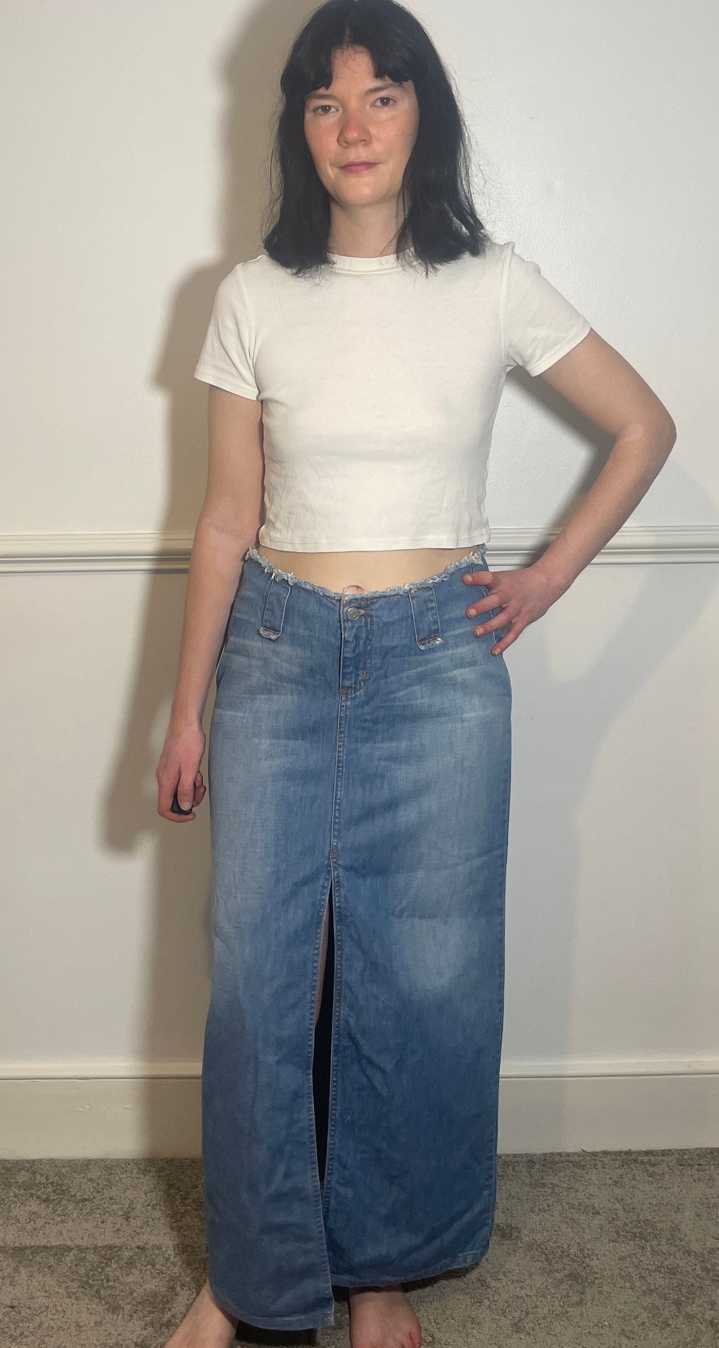 Vintage Y2k Blue Denim Frayed Edge Maxi Skirt - Size 12