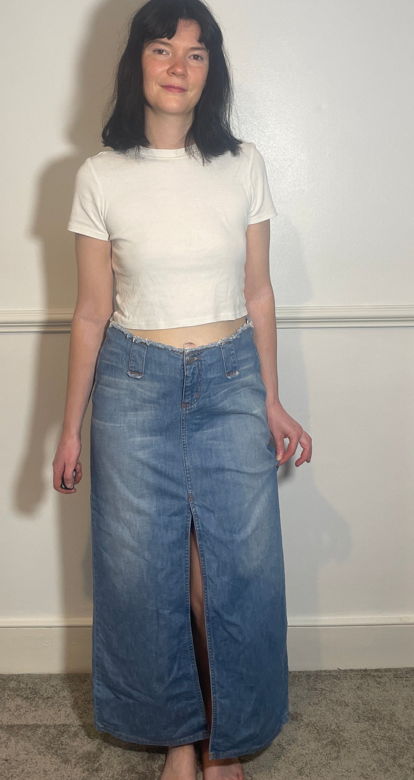 Vintage Y2k Blue Denim Frayed Edge Maxi Skirt - Size 12