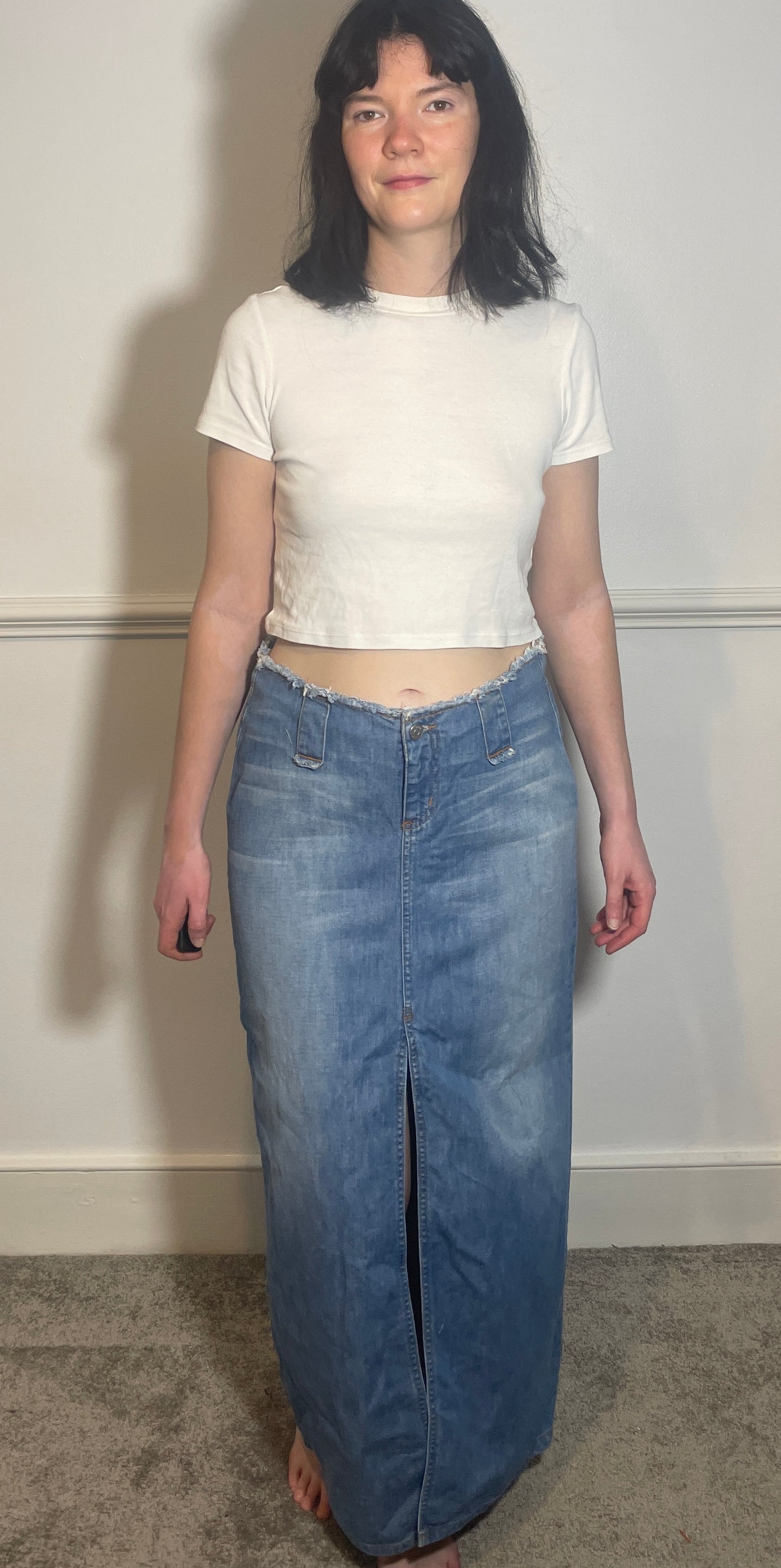Vintage Y2k Blue Denim Frayed Edge Maxi Skirt - Size 12
