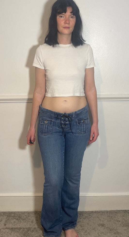 Vintage Y2k Blue Denim Elastic Waist Lace Up Front Low Rise Flared Jeans - Size 12