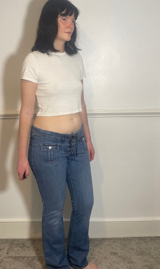 Vintage Y2k Blue Denim Elastic Waist Lace Up Front Low Rise Flared Jeans - Size 12