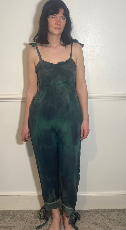 Vintage 90s Sonia Rykiel Green Tie Dye Sleeveless Tie Shoulder Jumpsuit - Size 8