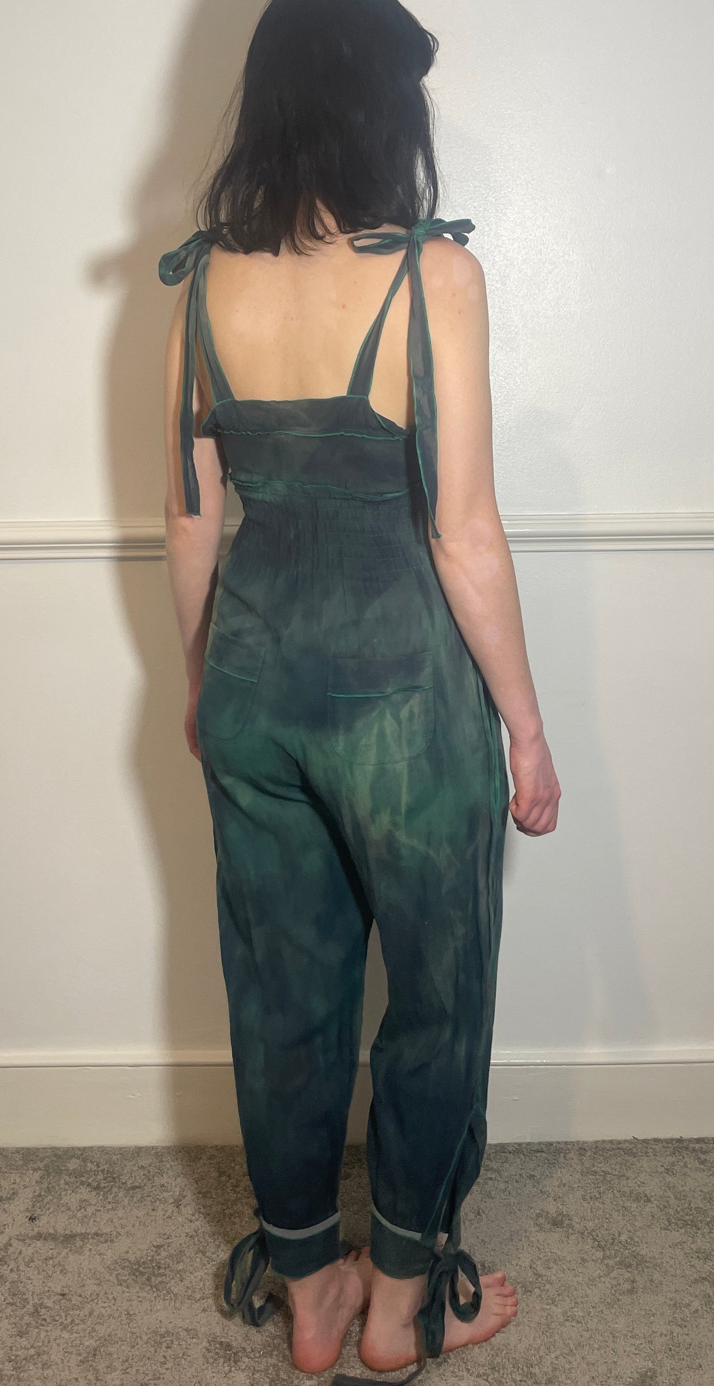 Vintage 90s Sonia Rykiel Green Tie Dye Sleeveless Tie Shoulder Jumpsuit - Size 8