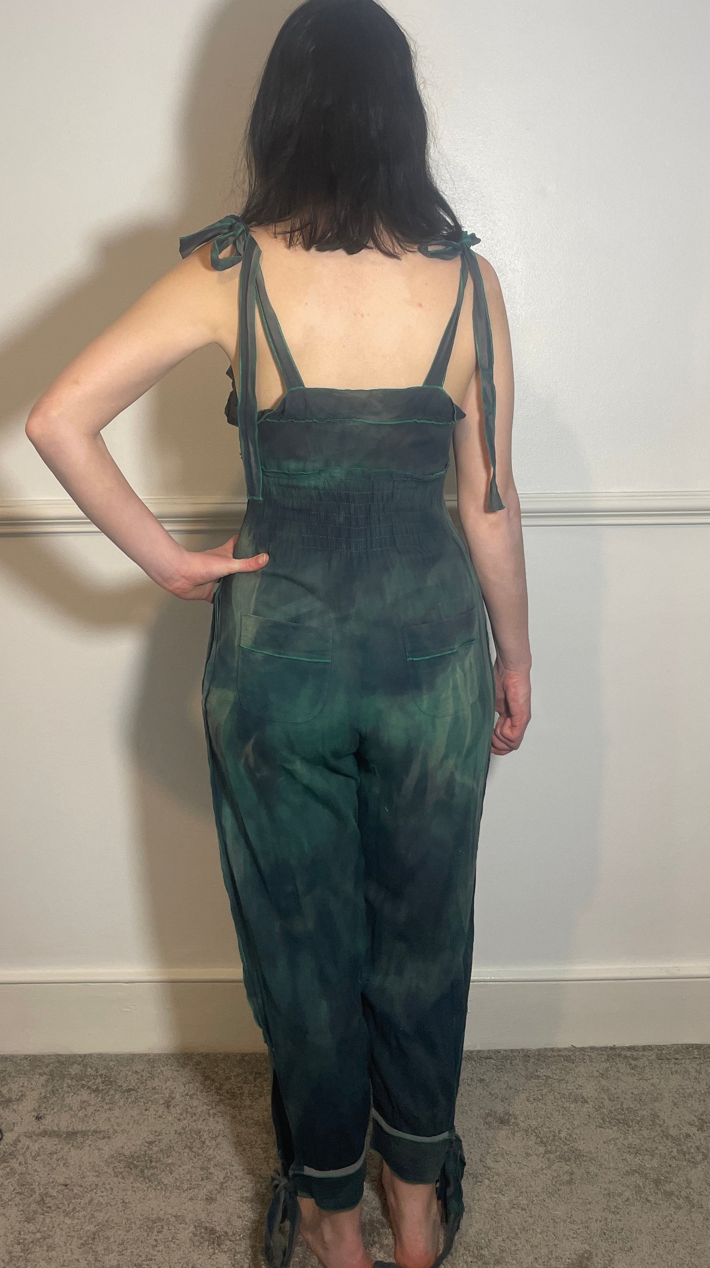 Vintage 90s Sonia Rykiel Green Tie Dye Sleeveless Tie Shoulder Jumpsuit - Size 8