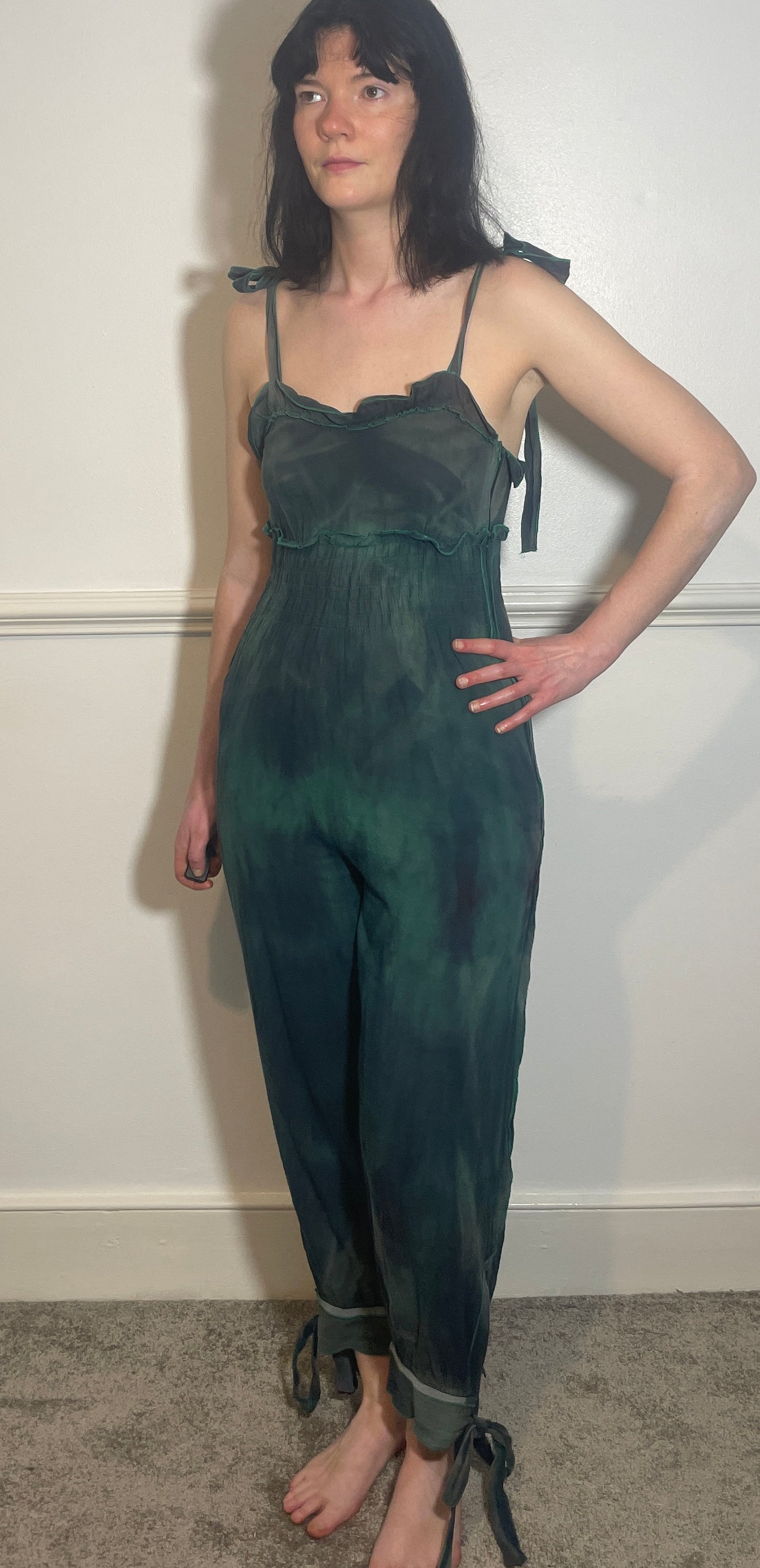 Vintage 90s Sonia Rykiel Green Tie Dye Sleeveless Tie Shoulder Jumpsuit - Size 8
