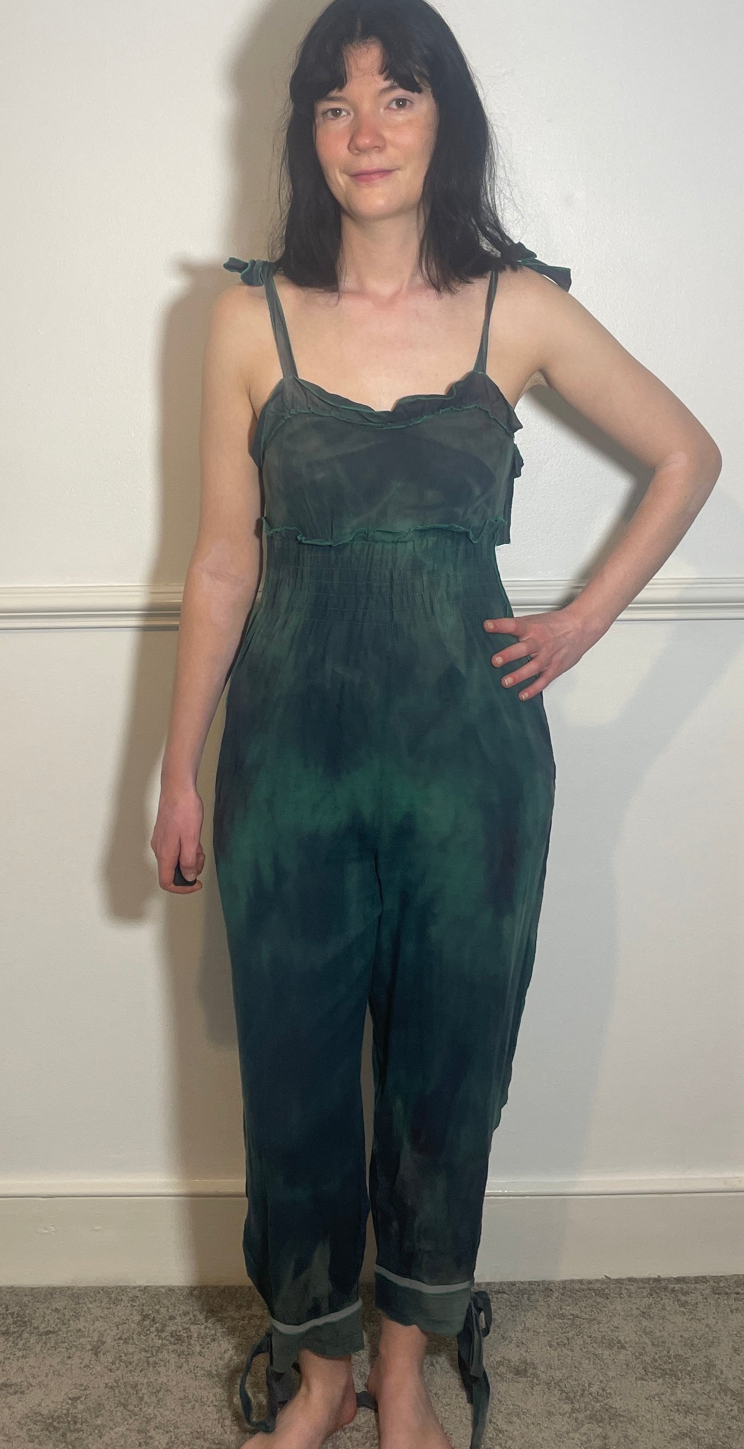 Vintage 90s Sonia Rykiel Green Tie Dye Sleeveless Tie Shoulder Jumpsuit - Size 8