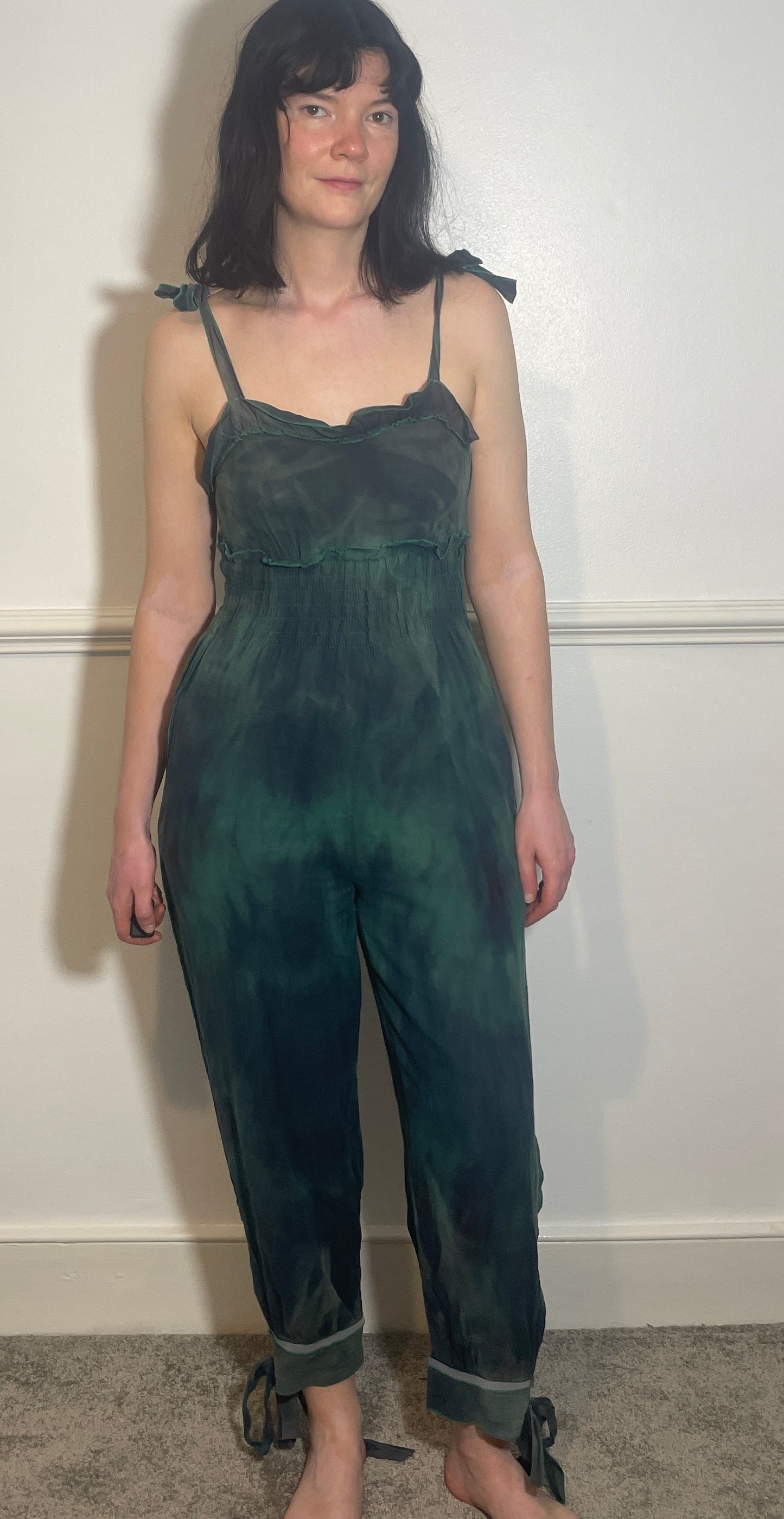 Vintage 90s Sonia Rykiel Green Tie Dye Sleeveless Tie Shoulder Jumpsuit - Size 8