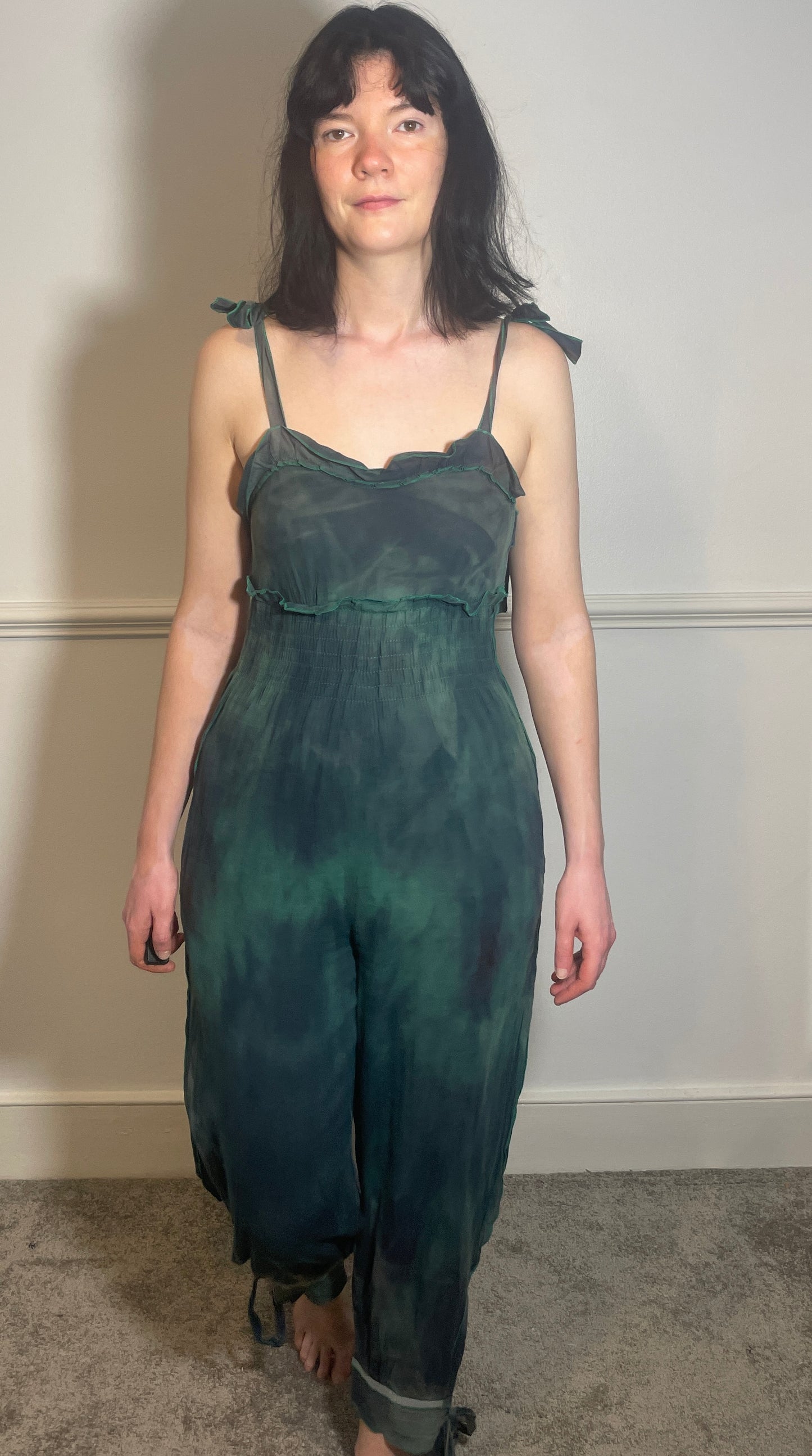 Vintage 90s Sonia Rykiel Green Tie Dye Sleeveless Tie Shoulder Jumpsuit - Size 8