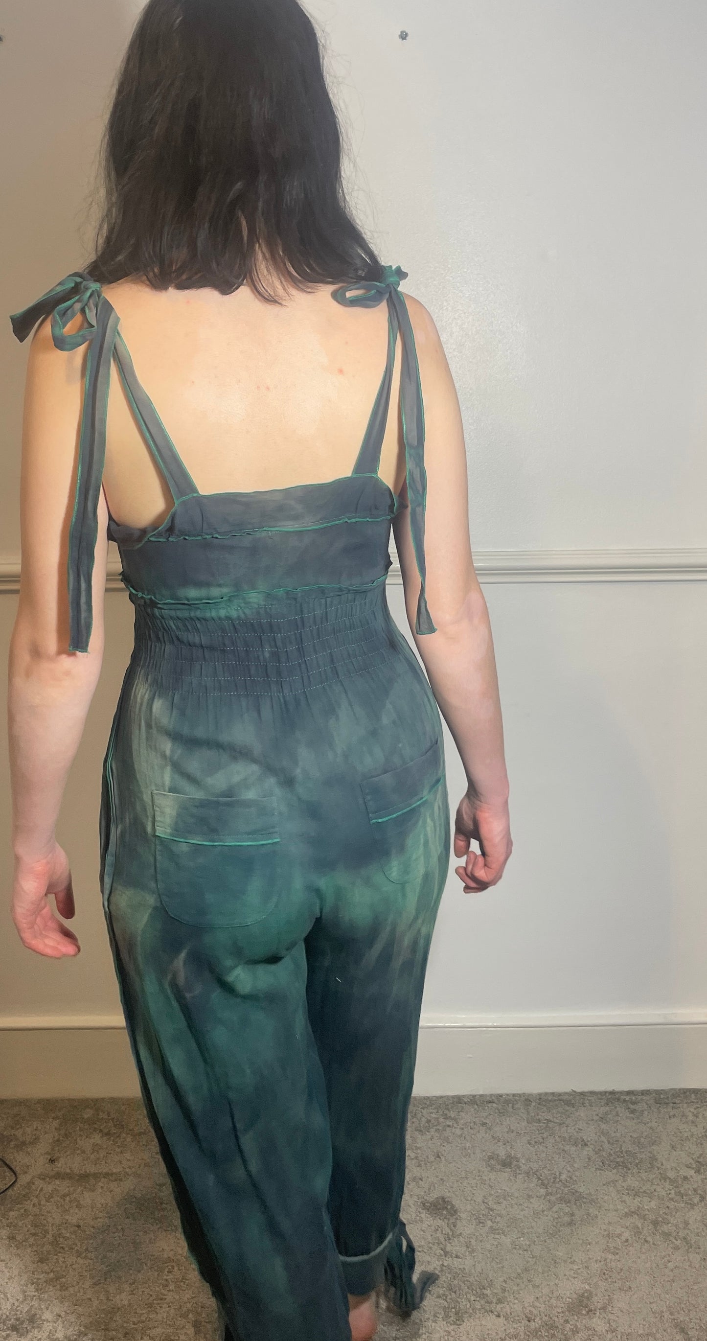 Vintage 90s Sonia Rykiel Green Tie Dye Sleeveless Tie Shoulder Jumpsuit - Size 8