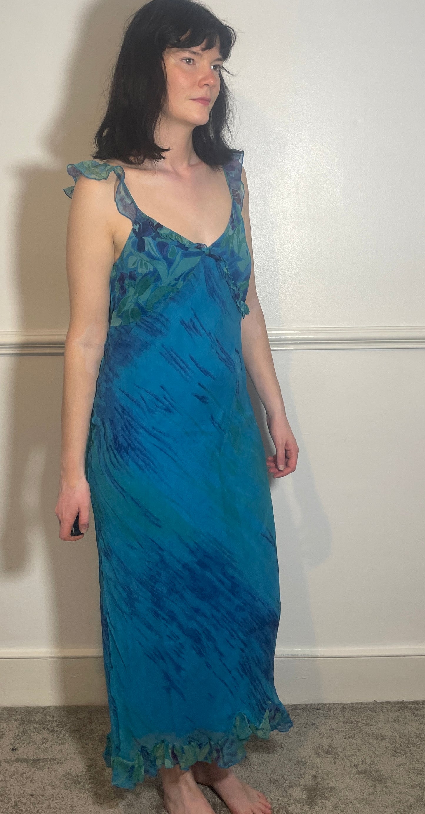 Vintage Y2k Blue Chiffon Bias Cut Ruffle Maxi Dress with Matching Long Sleeve Top - Size 10