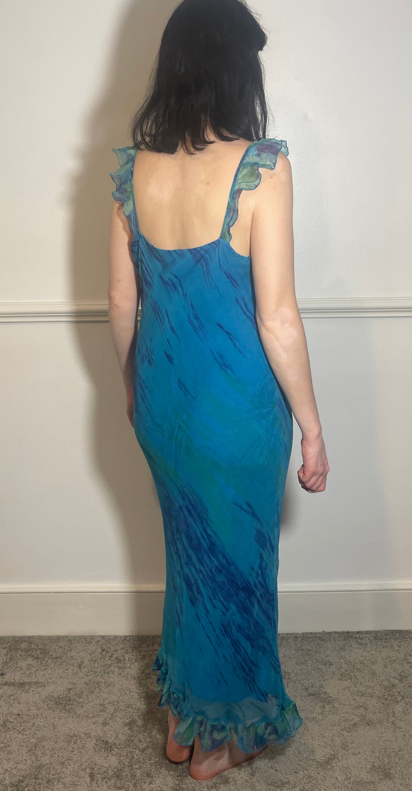 Vintage Y2k Blue Chiffon Bias Cut Ruffle Maxi Dress with Matching Long Sleeve Top - Size 10