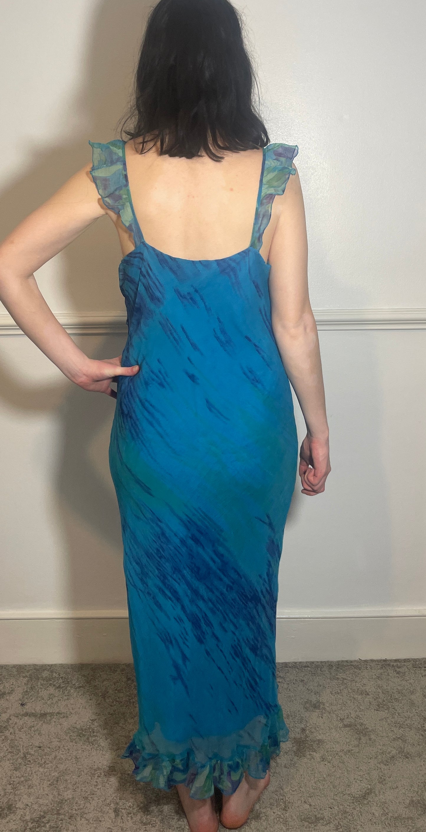 Vintage Y2k Blue Chiffon Bias Cut Ruffle Maxi Dress with Matching Long Sleeve Top - Size 10