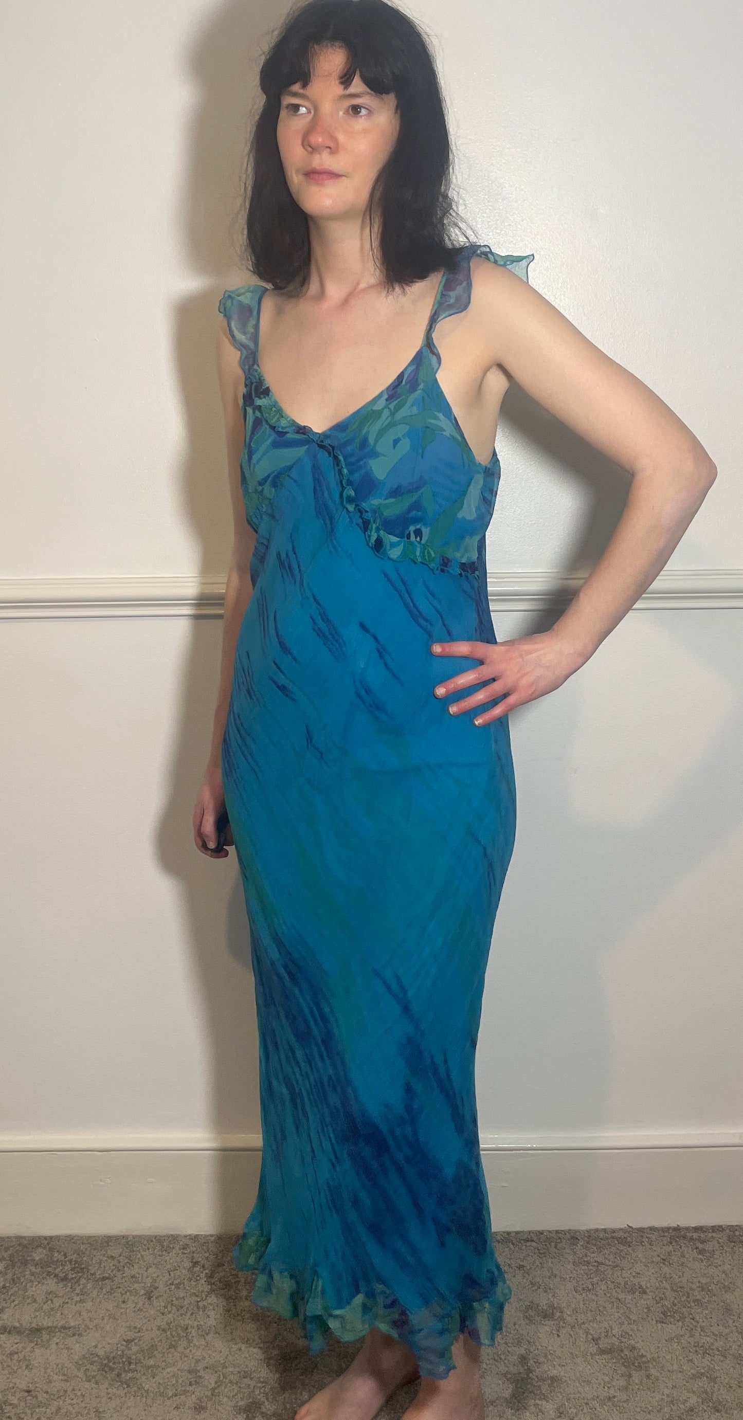 Vintage Y2k Blue Chiffon Bias Cut Ruffle Maxi Dress with Matching Long Sleeve Top - Size 10
