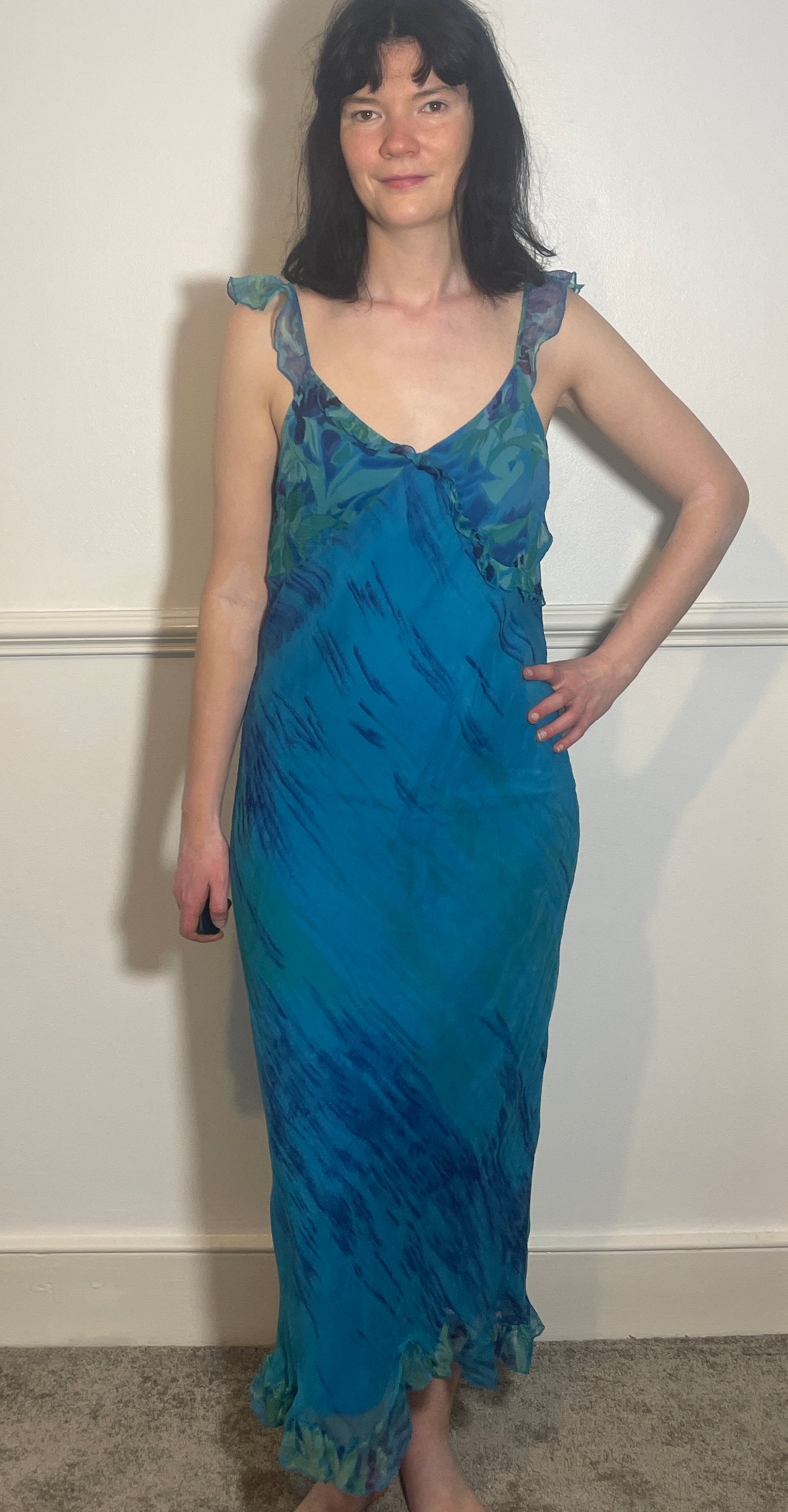Vintage Y2k Blue Chiffon Bias Cut Ruffle Maxi Dress with Matching Long Sleeve Top - Size 10