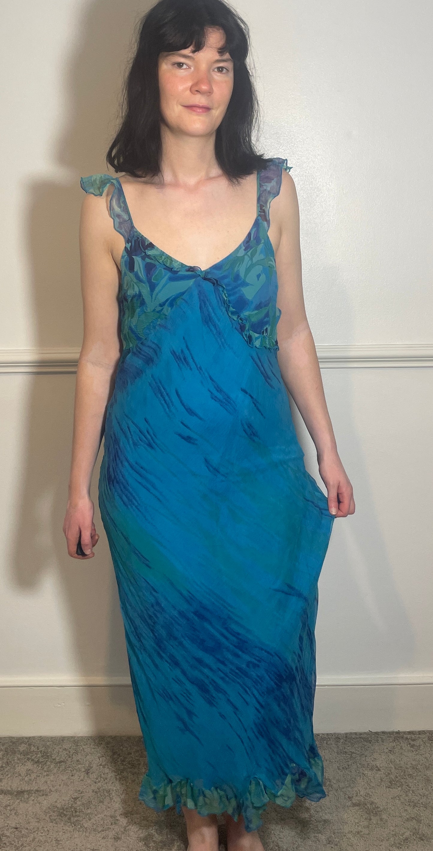 Vintage Y2k Blue Chiffon Bias Cut Ruffle Maxi Dress with Matching Long Sleeve Top - Size 10