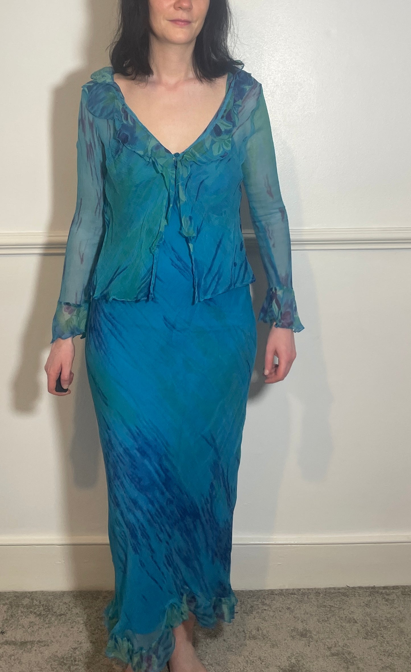 Vintage Y2k Blue Chiffon Bias Cut Ruffle Maxi Dress with Matching Long Sleeve Top - Size 10