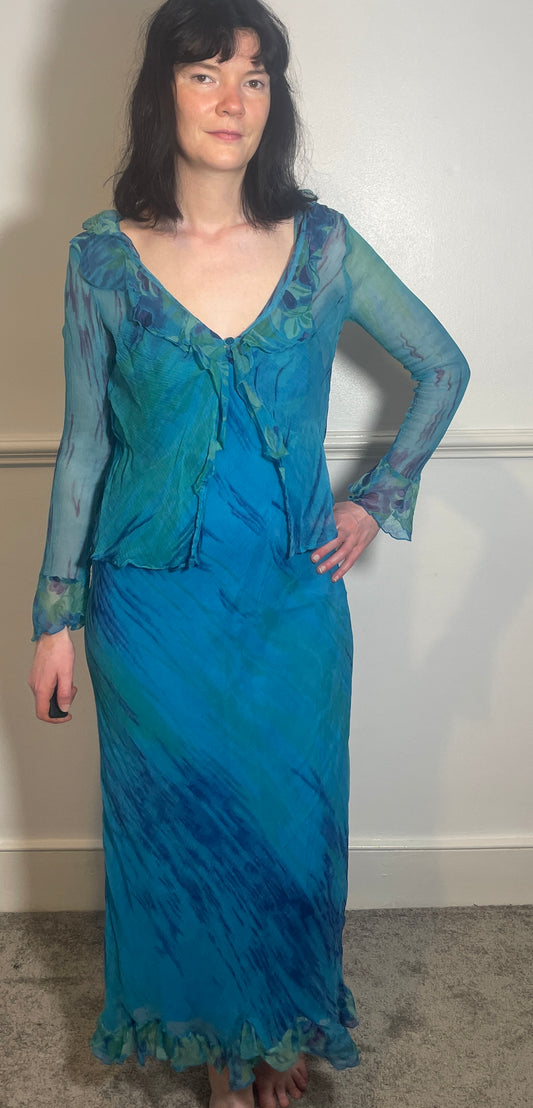 Vintage Y2k Blue Chiffon Bias Cut Ruffle Maxi Dress with Matching Long Sleeve Top - Size 10