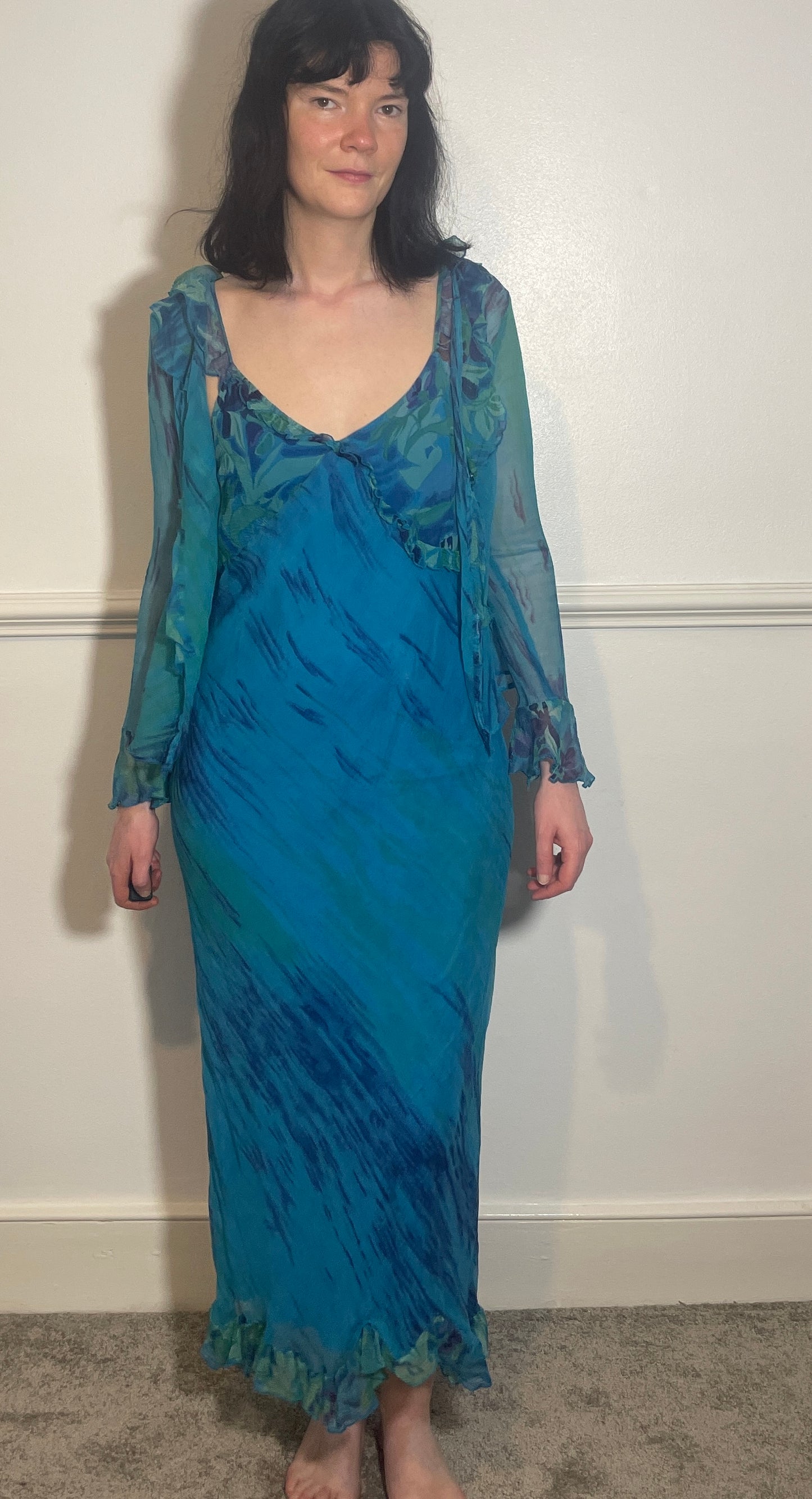 Vintage Y2k Blue Chiffon Bias Cut Ruffle Maxi Dress with Matching Long Sleeve Top - Size 10