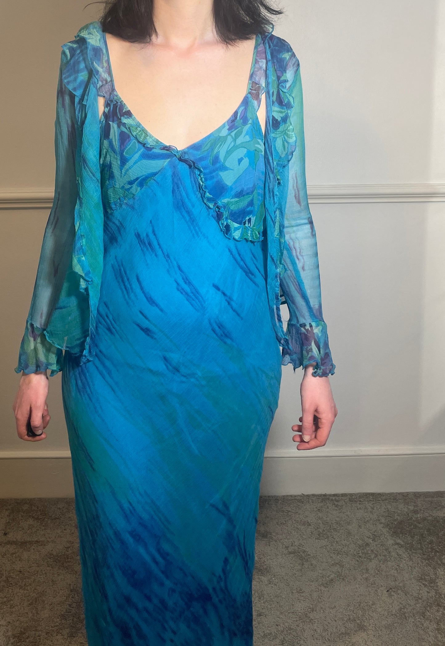 Vintage Y2k Blue Chiffon Bias Cut Ruffle Maxi Dress with Matching Long Sleeve Top - Size 10