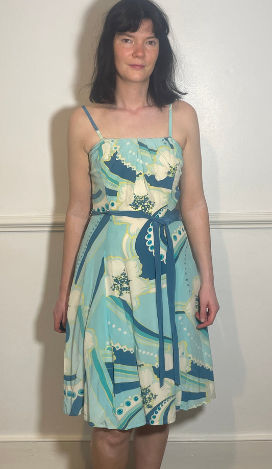 Vintage Y2k Blue Printed Silk Corset Midi Dress - Size 8