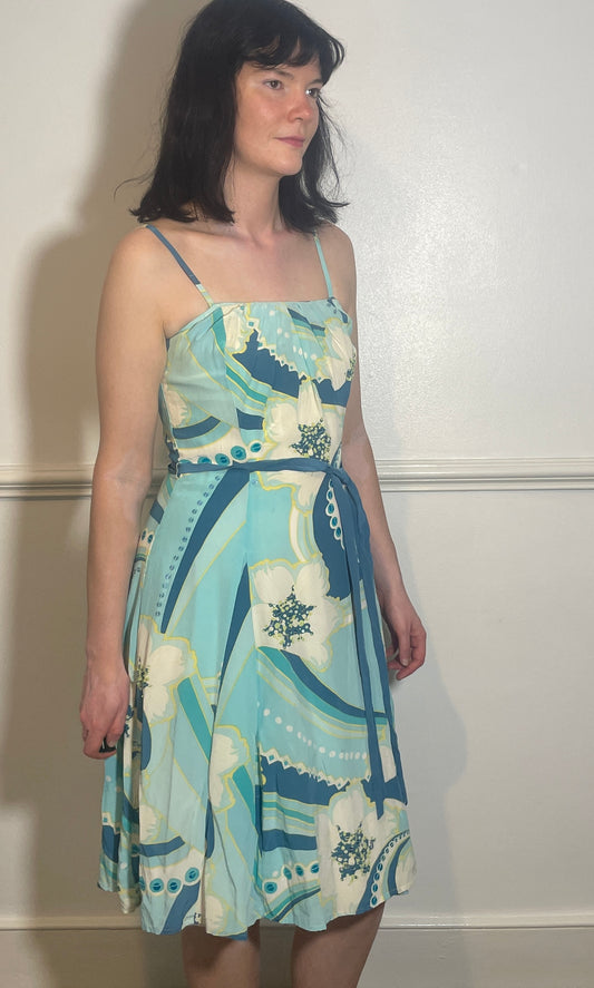 Vintage Y2k Blue Printed Silk Corset Midi Dress - Size 8
