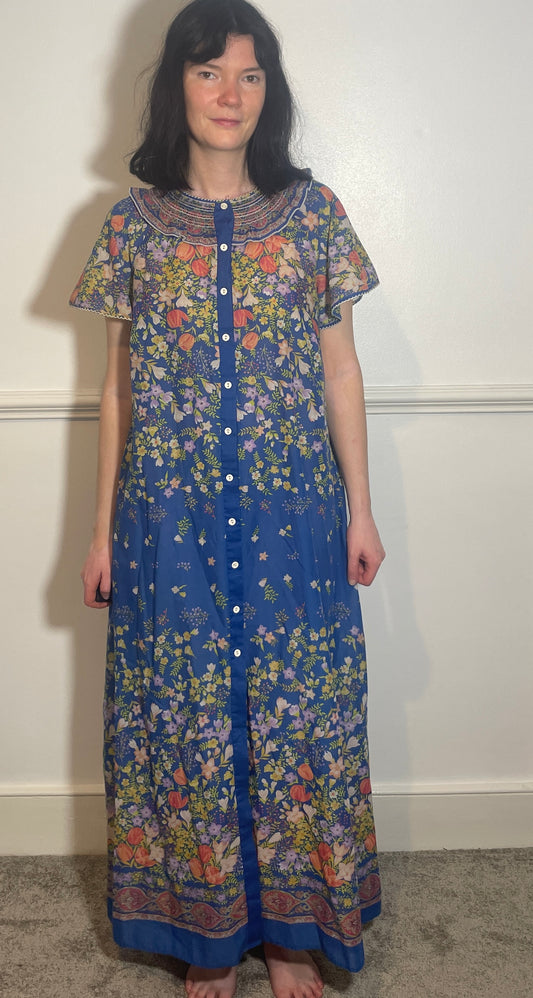 Vintage 70s Blue Floral Trapeze Maxi Shirt Dress - Size 14