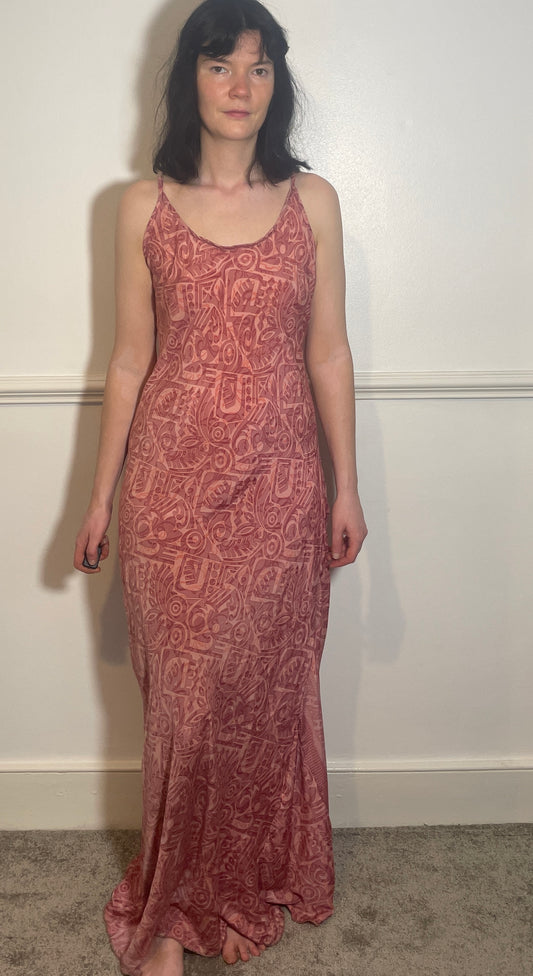 Vintage Y2k Pink Print Hankerchief Hem Lace Up Back Slip Dress - Size 10