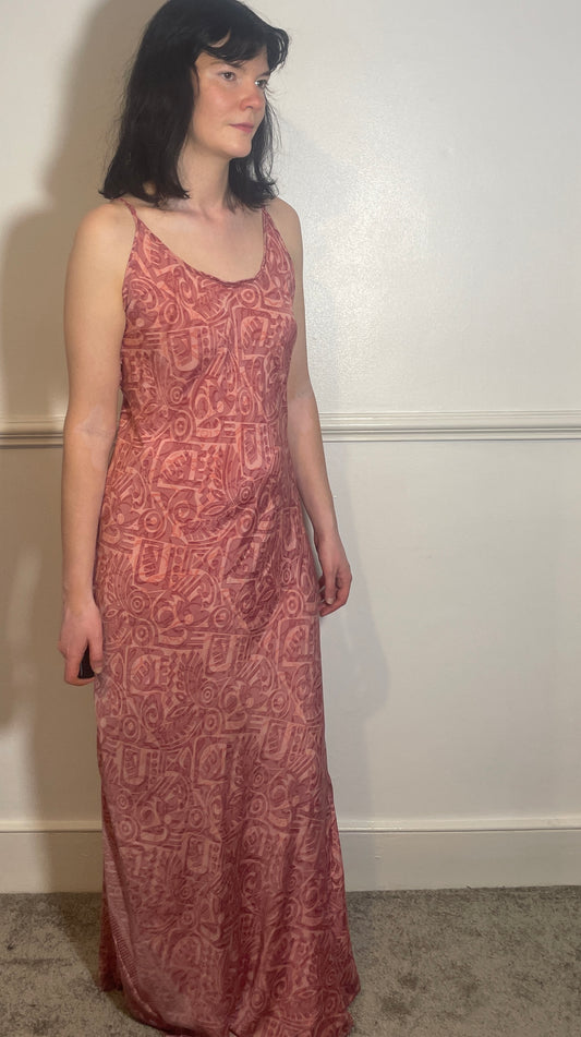 Vintage Y2k Pink Print Hankerchief Hem Lace Up Back Slip Dress - Size 10