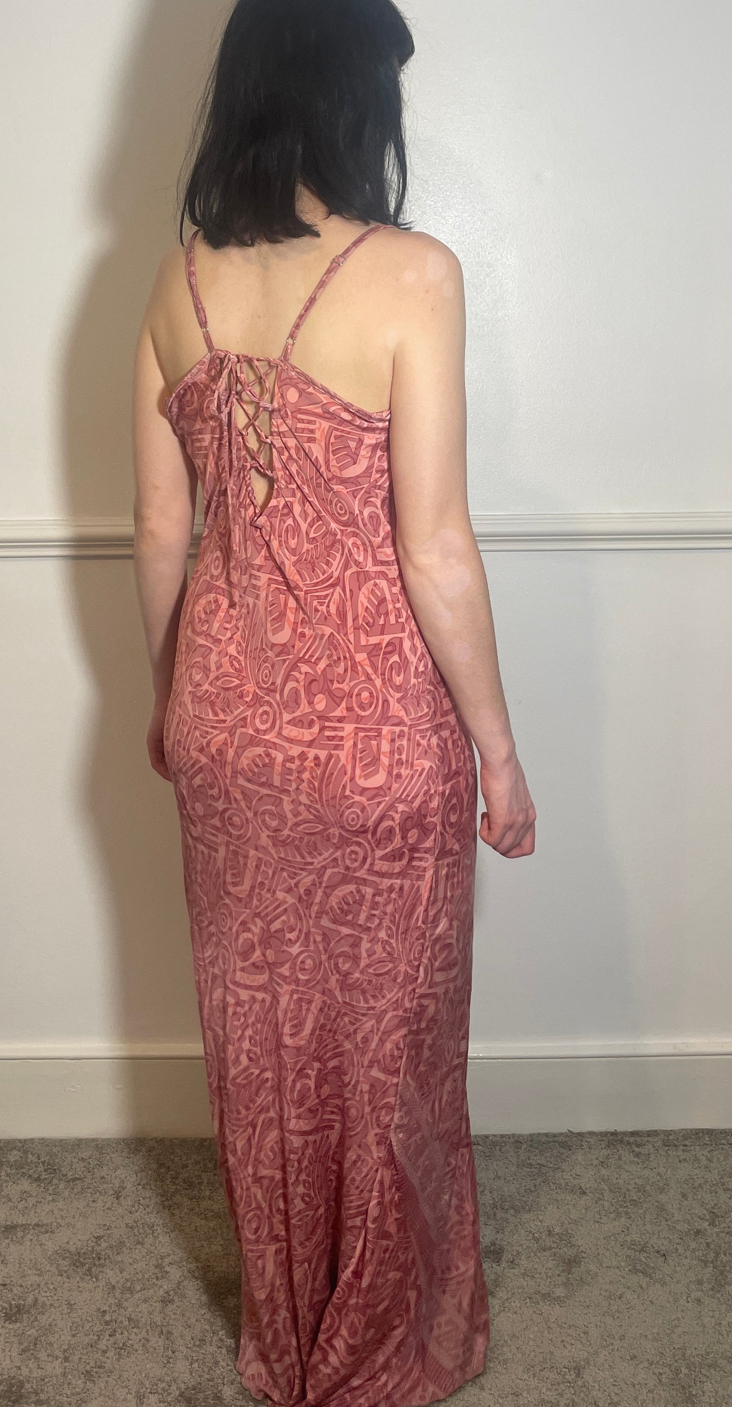 Vintage Y2k Pink Print Hankerchief Hem Lace Up Back Slip Dress - Size 10