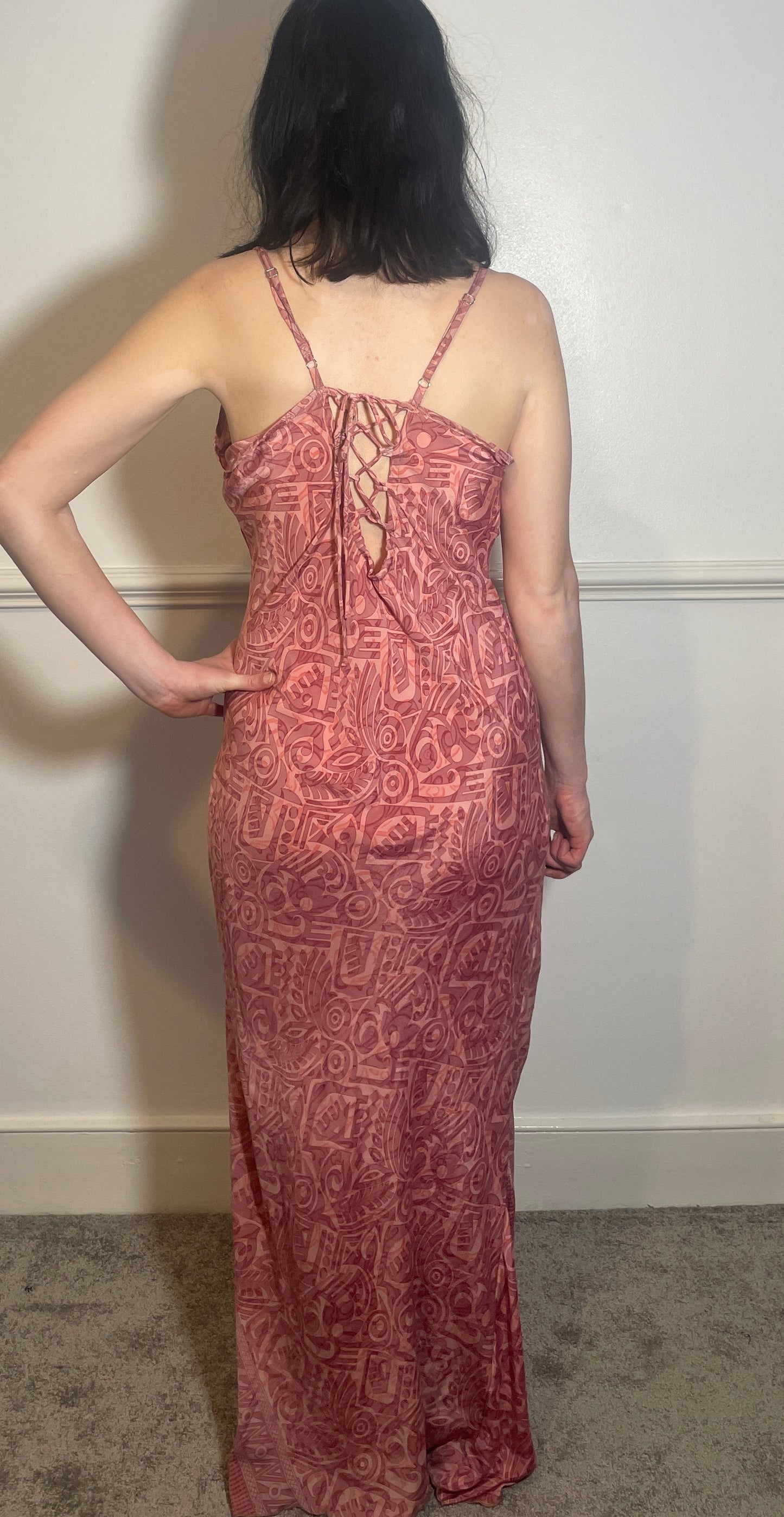 Vintage Y2k Pink Print Hankerchief Hem Lace Up Back Slip Dress - Size 10