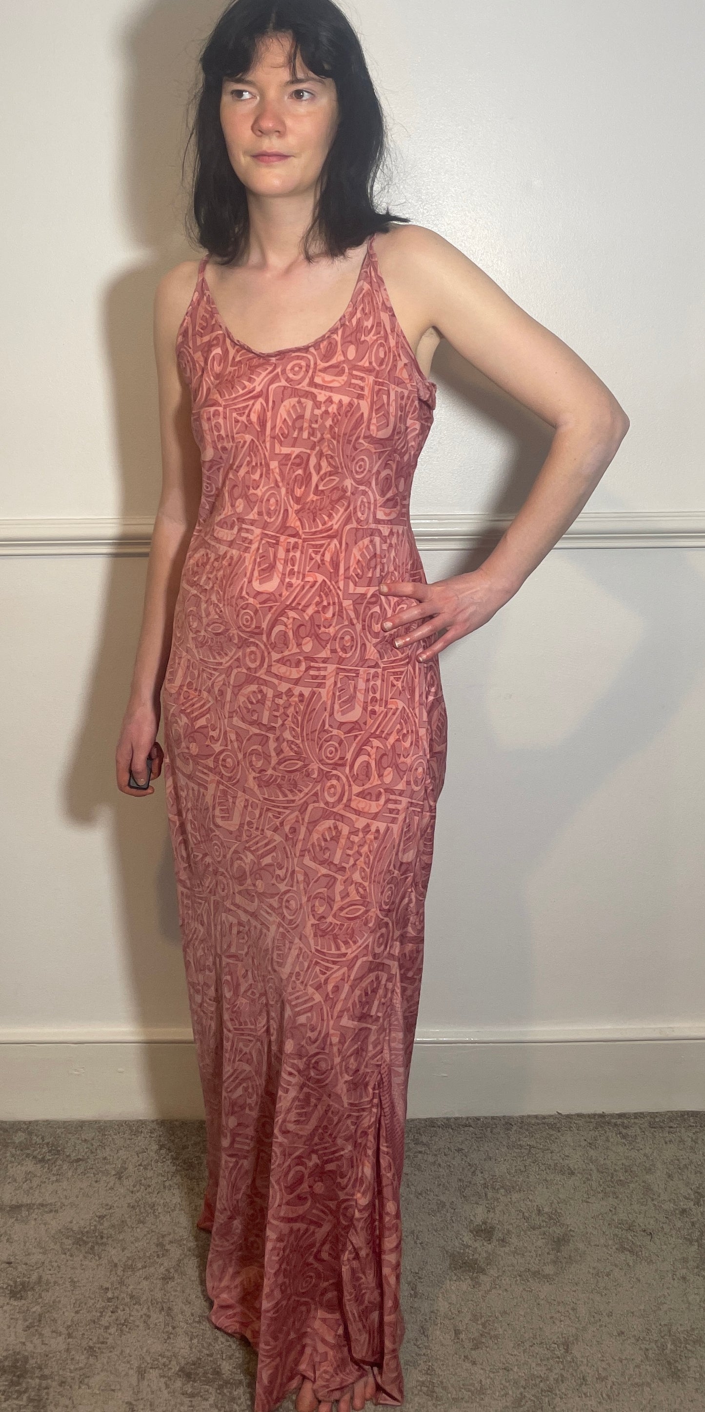 Vintage Y2k Pink Print Hankerchief Hem Lace Up Back Slip Dress - Size 10