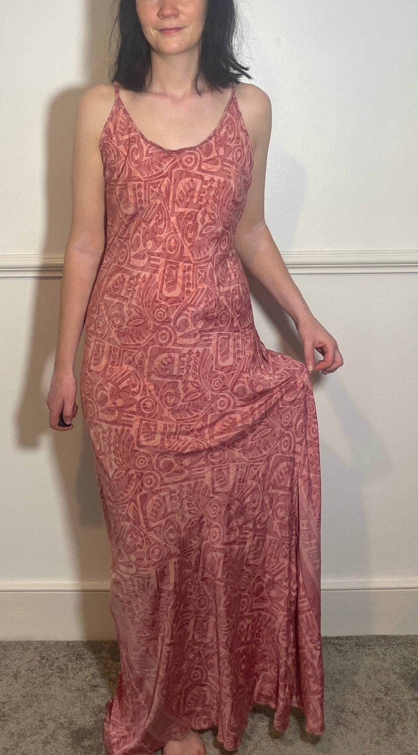 Vintage Y2k Pink Print Hankerchief Hem Lace Up Back Slip Dress - Size 10