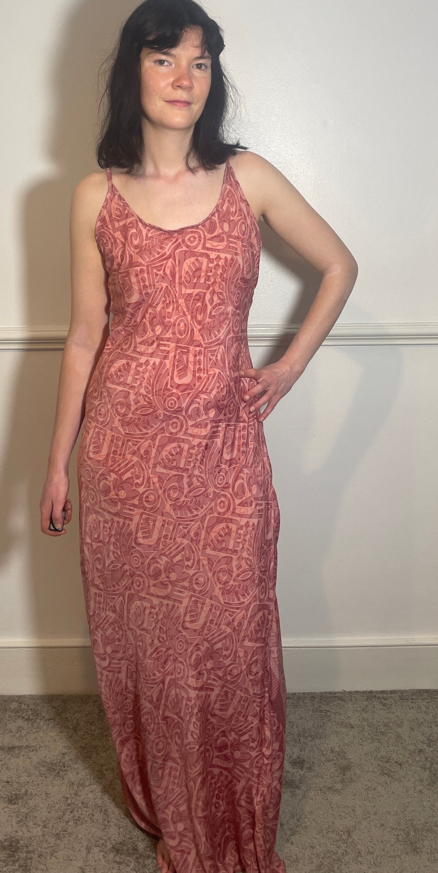 Vintage Y2k Pink Print Hankerchief Hem Lace Up Back Slip Dress - Size 10