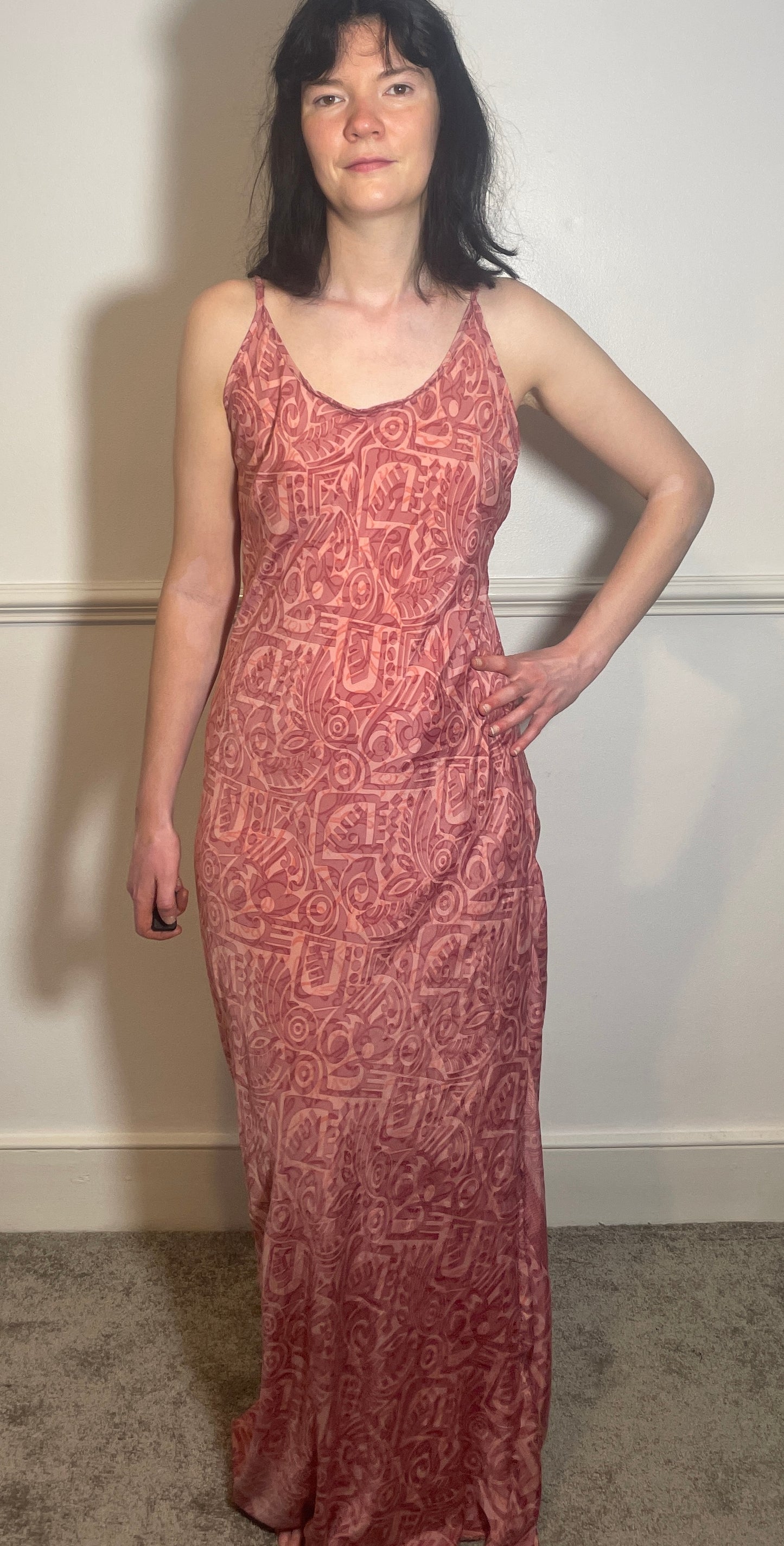 Vintage Y2k Pink Print Hankerchief Hem Lace Up Back Slip Dress - Size 10