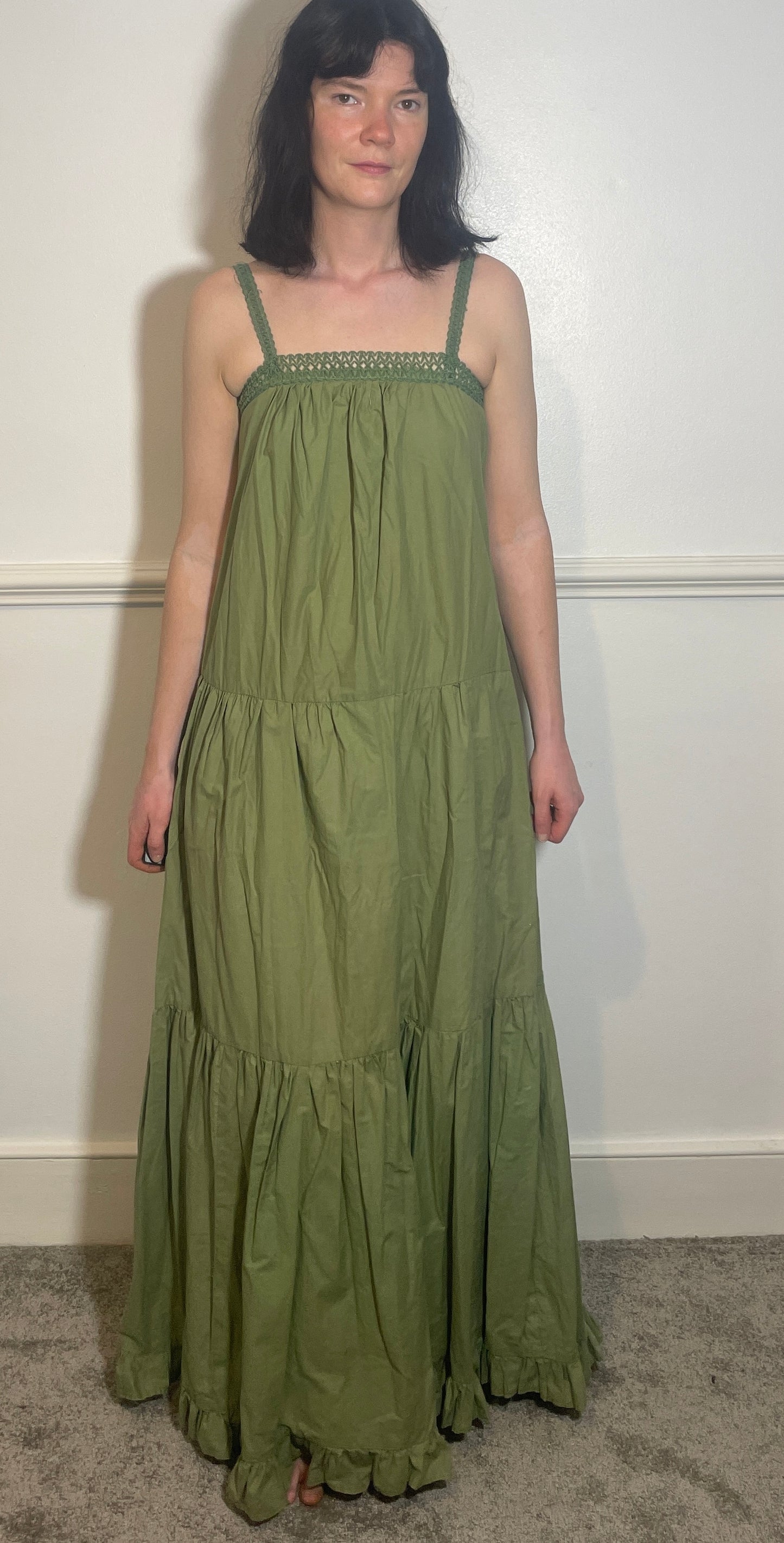 Vintage 70s Handmade Khaki Green Crochet Trim Tiered Maxi Dress - Size 10