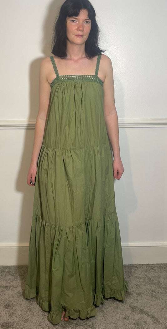 Vintage 70s Handmade Khaki Green Crochet Trim Tiered Maxi Dress - Size 10