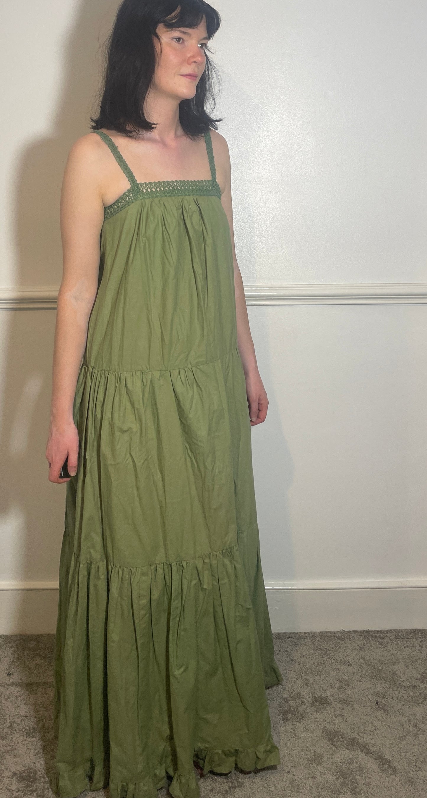 Vintage 70s Handmade Khaki Green Crochet Trim Tiered Maxi Dress - Size 10