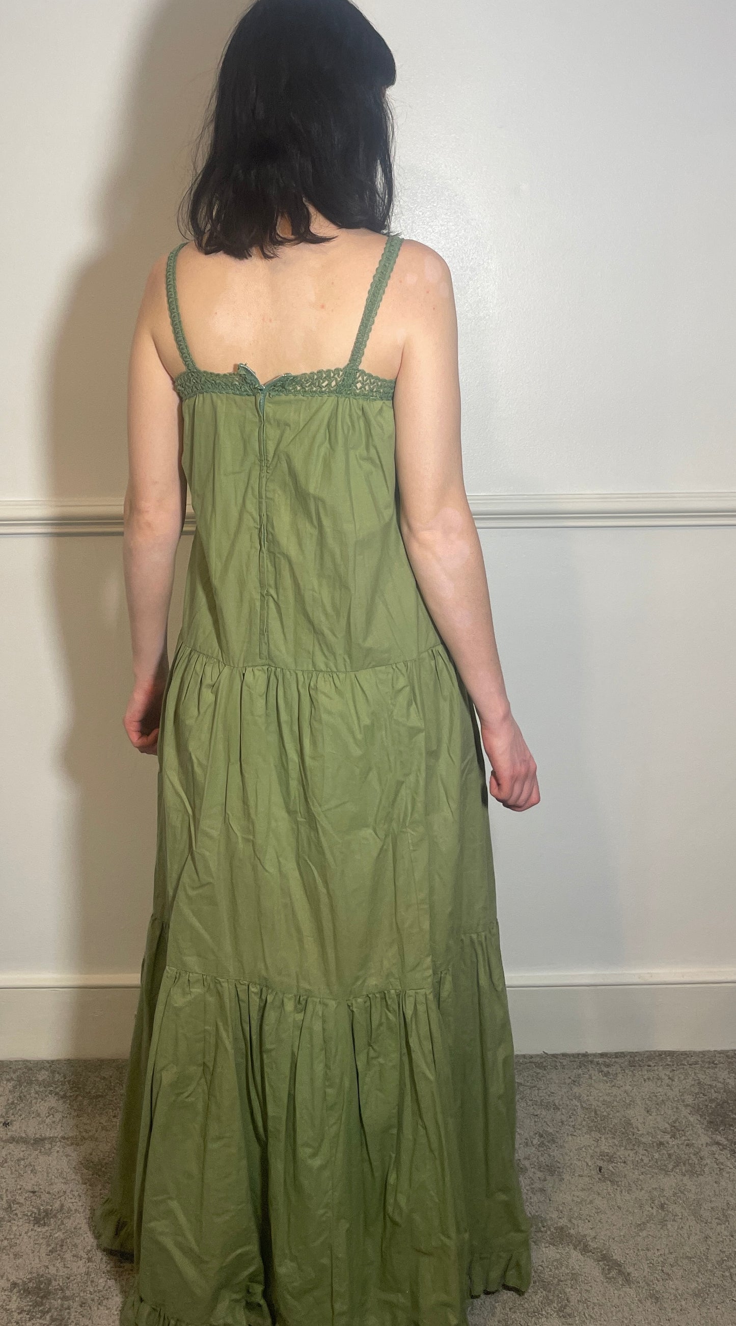 Vintage 70s Handmade Khaki Green Crochet Trim Tiered Maxi Dress - Size 10